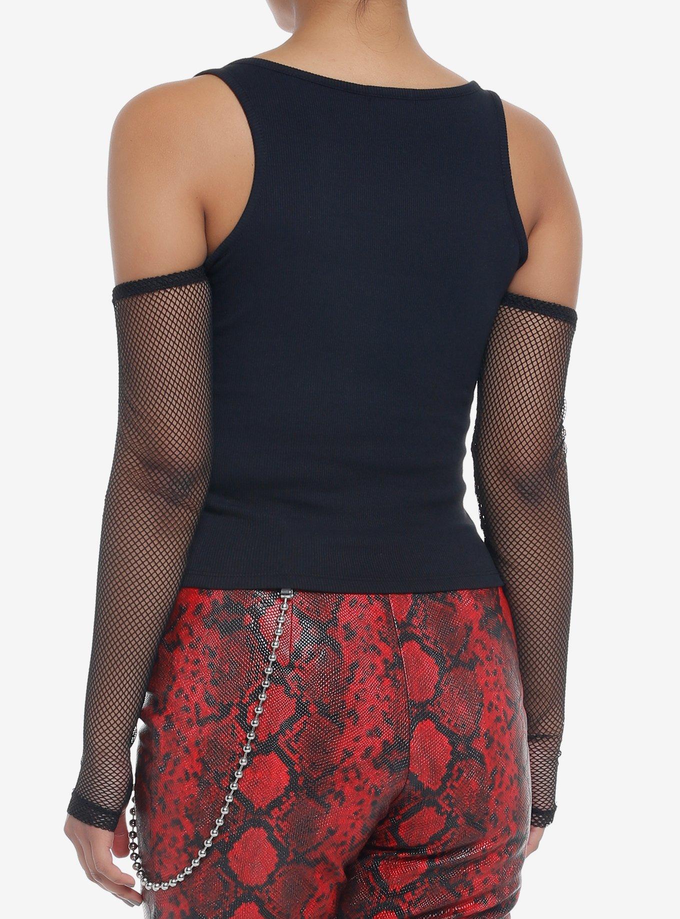 Black Mesh Cold Shoulder Girls Crop Tank Top, BLACK, alternate