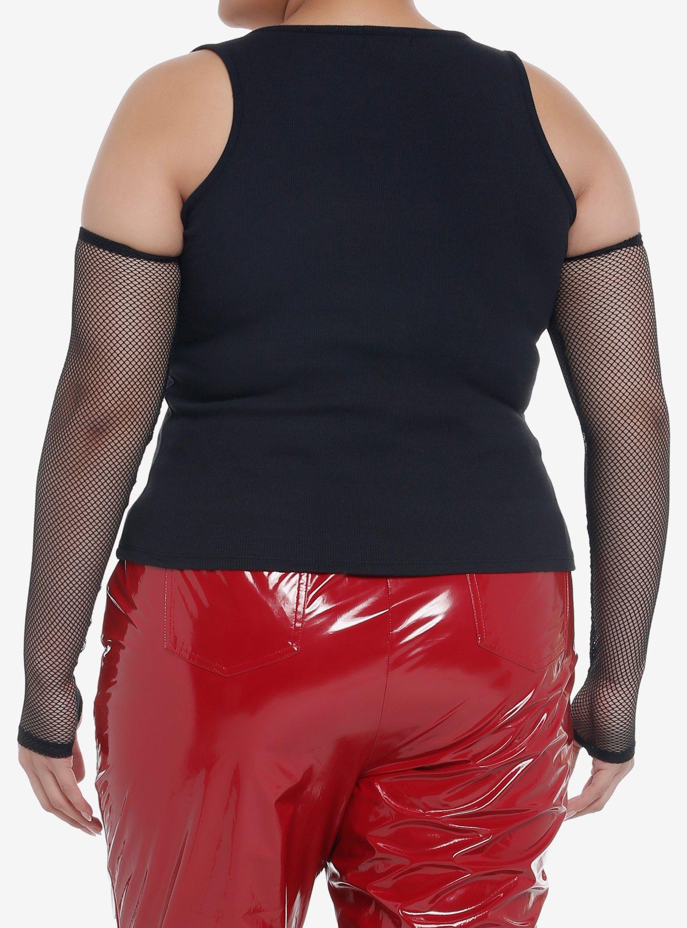 Black Mesh Cold Shoulder Girls Crop Tank Top Plus Size, BLACK, alternate