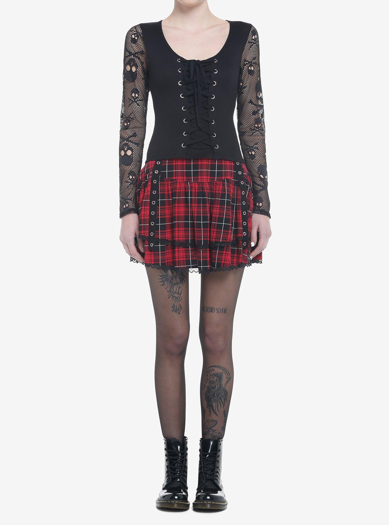 Skull Fishnet Lace-Up Girls Long-Sleeve Top, BLACK, alternate