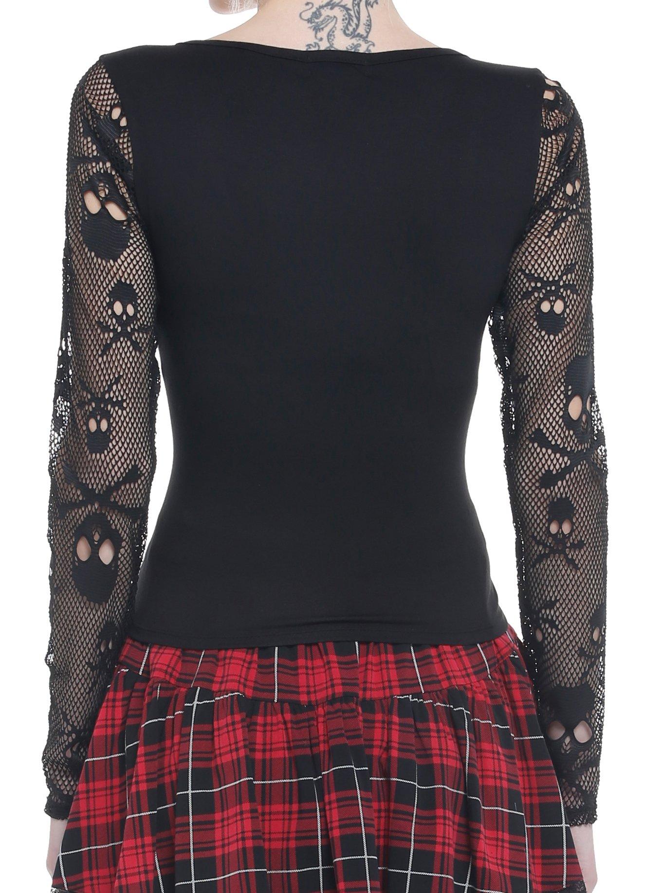 Skull Fishnet Lace-Up Girls Long-Sleeve Top, BLACK, alternate
