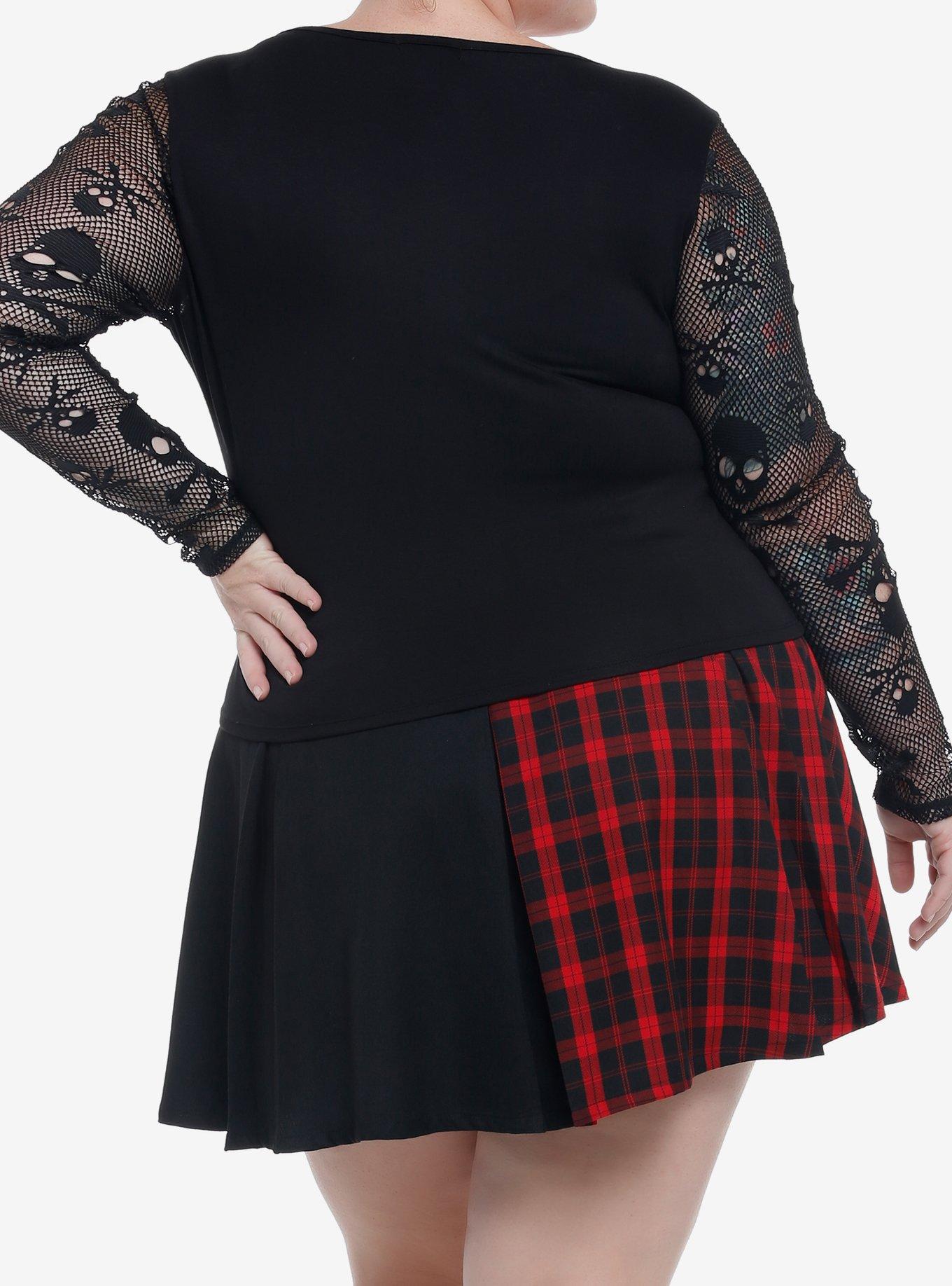 Skull Fishnet Lace-Up Long-Sleeve Top Plus Size, BLACK, alternate