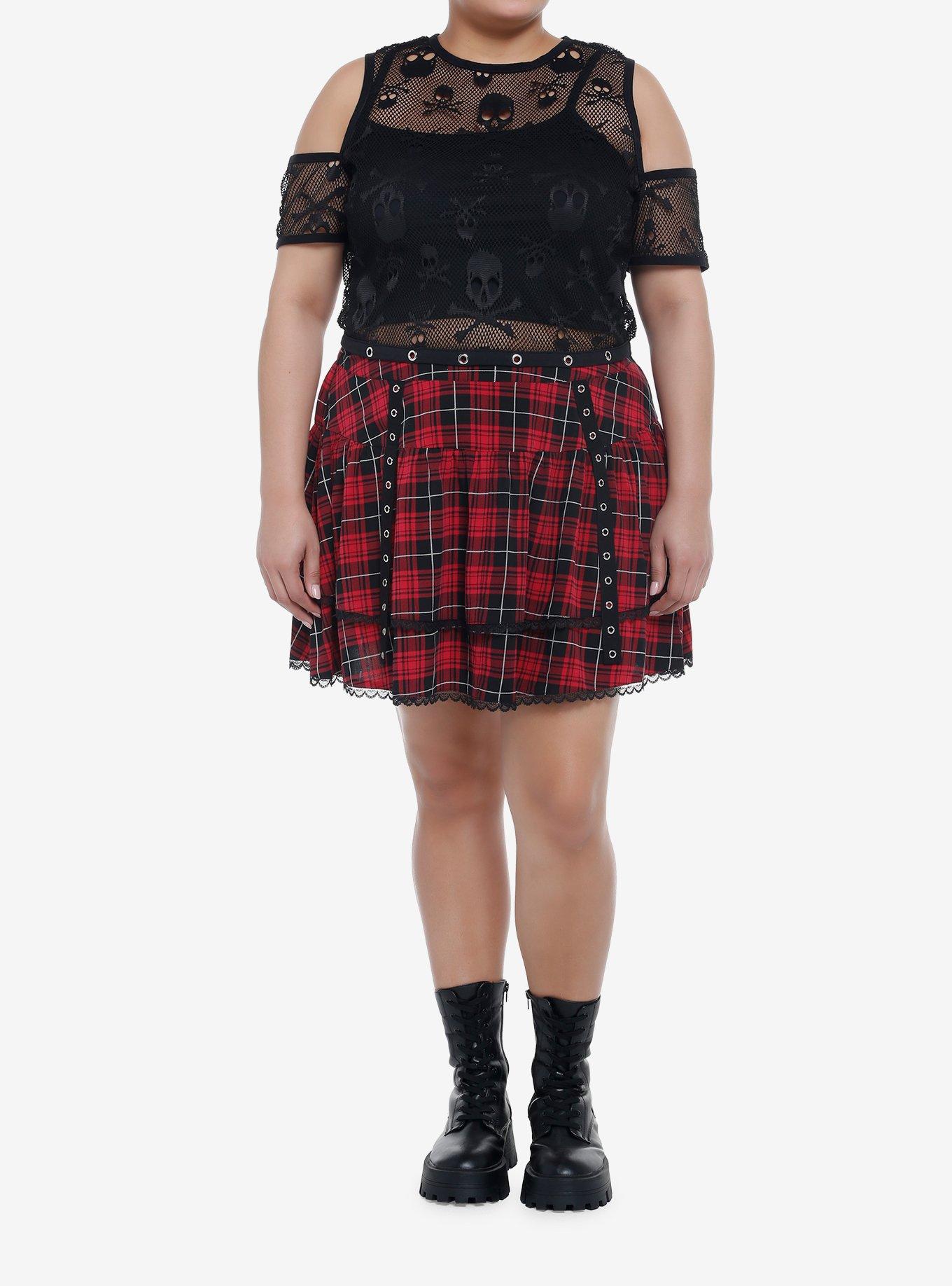 Skull Fishnet Cold Shoulder Girls Crop Top Plus Size, BLACK, alternate