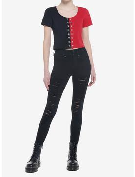 Red & Black Safety Pin Split Girls Crop T-Shirt, , hi-res