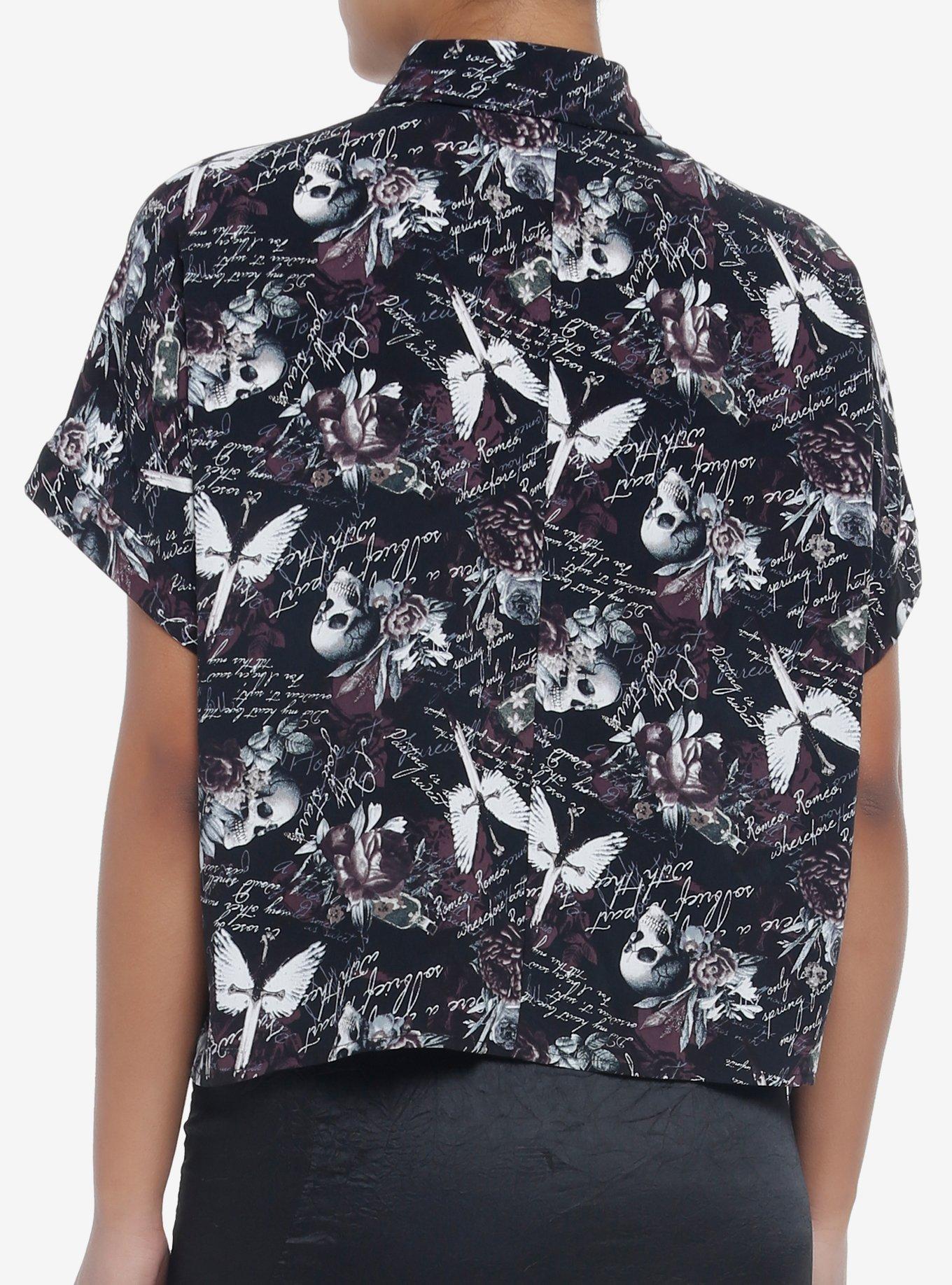 Dark Romance Script Boxy Girls Crop Woven Button-Up, MULTI, alternate