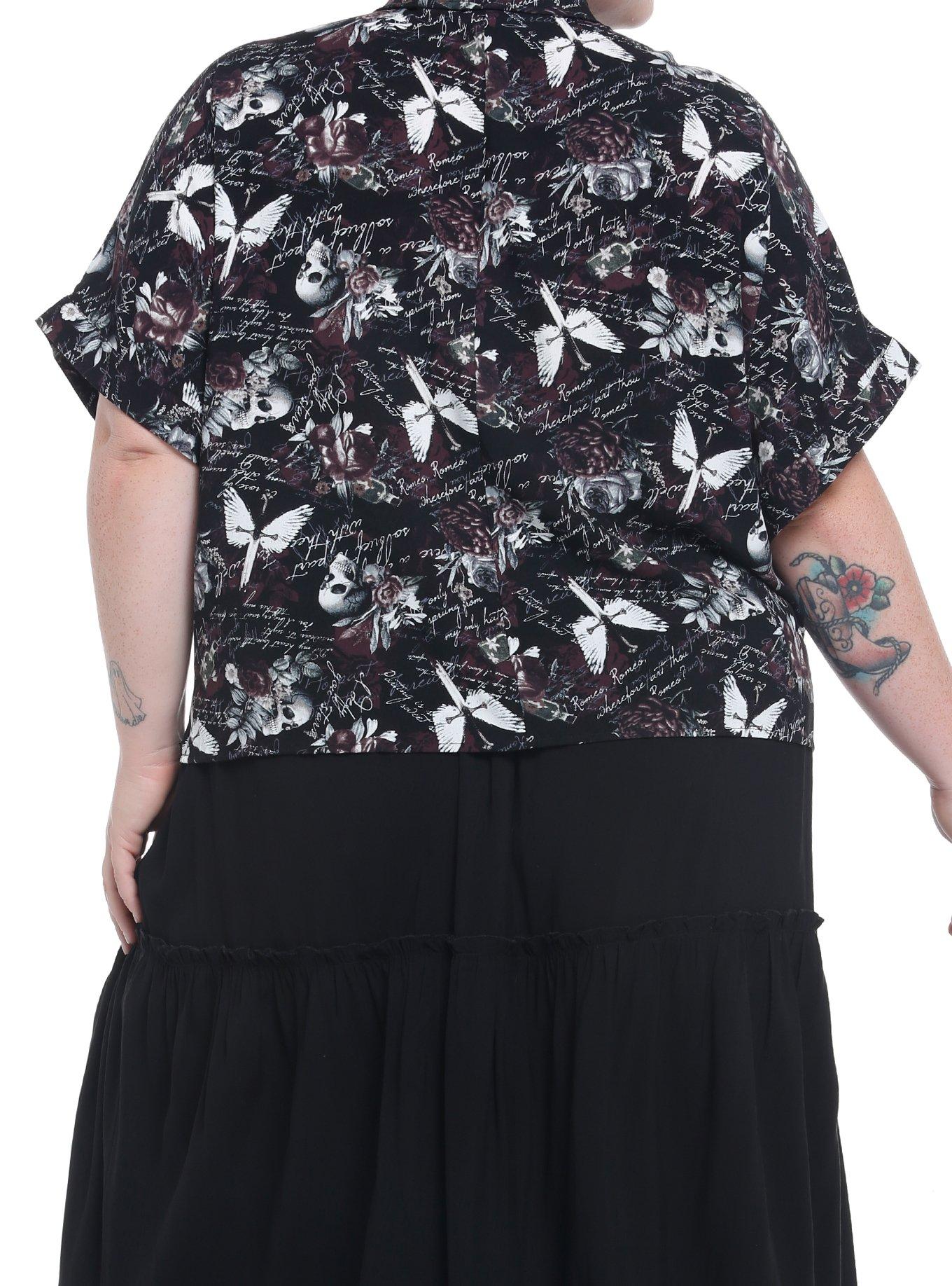 Dark Romance Script Boxy Girls Crop Woven Button-Up Plus Size, MULTI, alternate