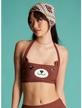 Plus Size Kawaii Brown Bear Halter Swim Top, , hi-res