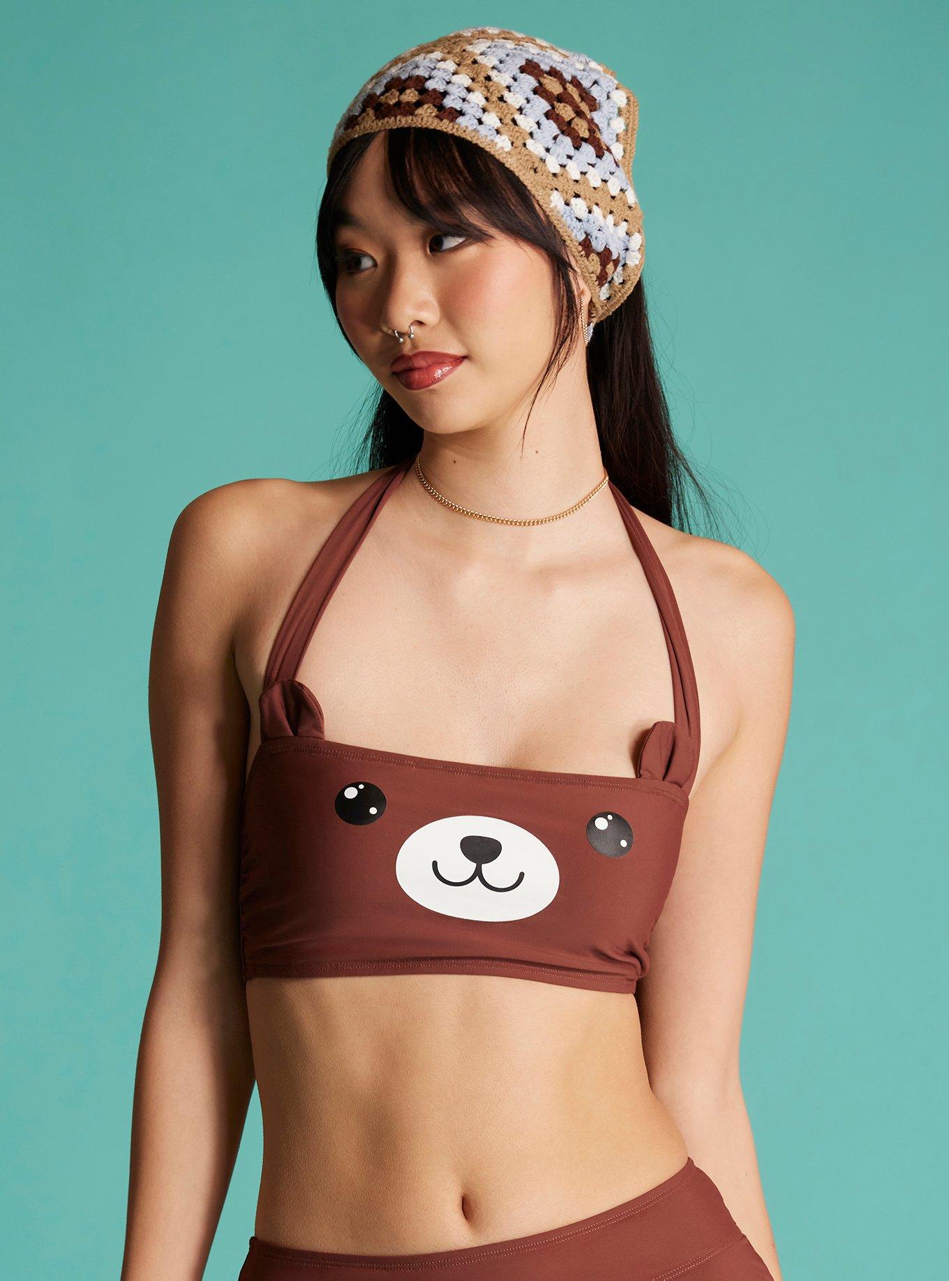 Kawaii Brown Bear Halter Swim Top, , hi-res