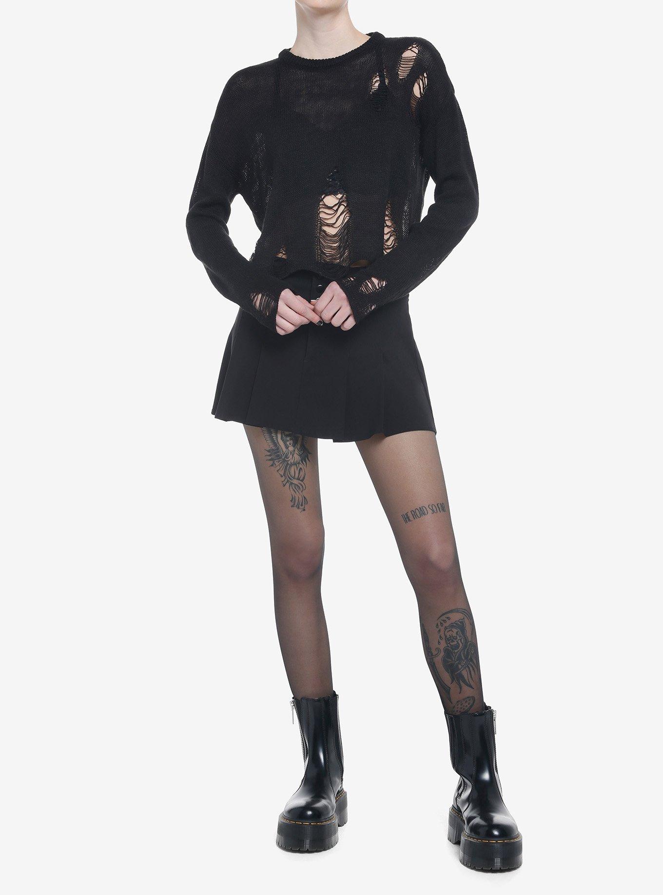 Black Distressed Girls Crop Sweater, BLACK, alternate