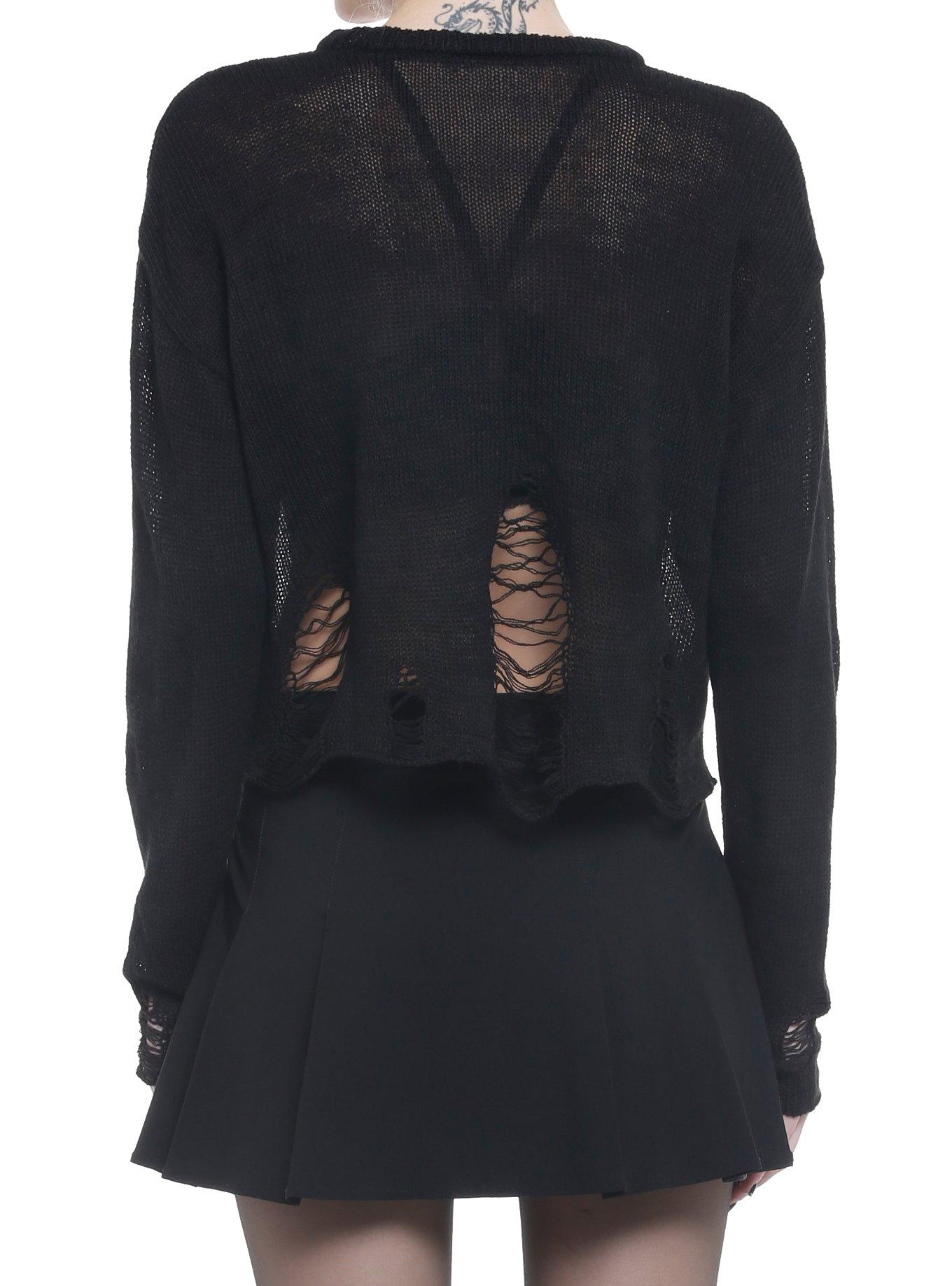 Black Distressed Girls Crop Sweater, BLACK, alternate