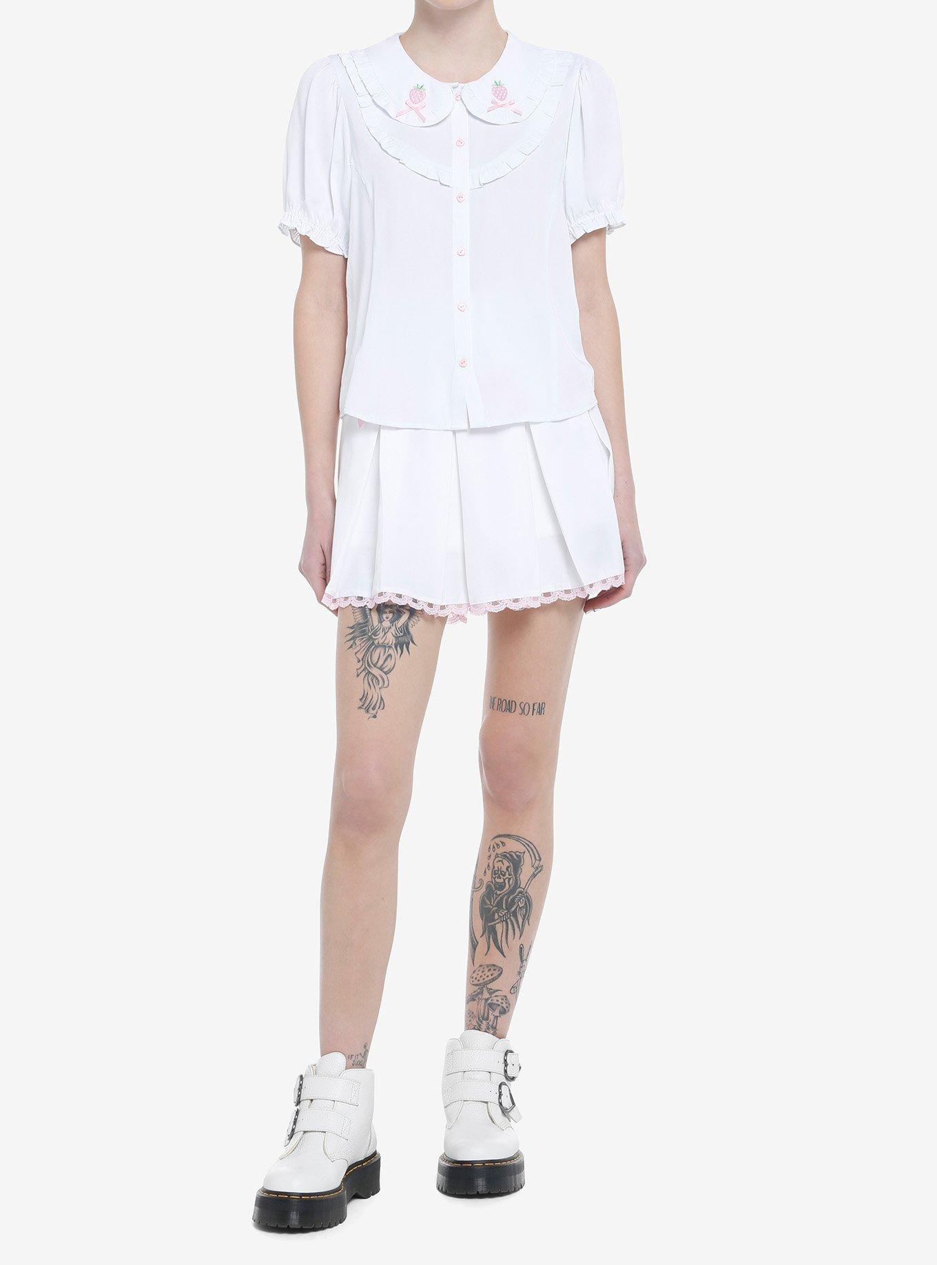 Strawberries & Hearts Ruffled Girls Woven Button-Up, WHITE, alternate