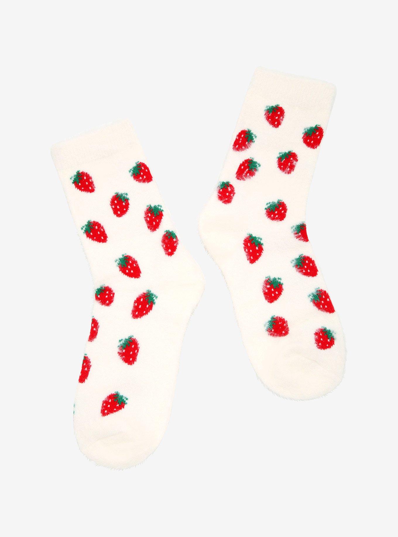 Cream Strawberry Fuzzy Crew Socks, , alternate