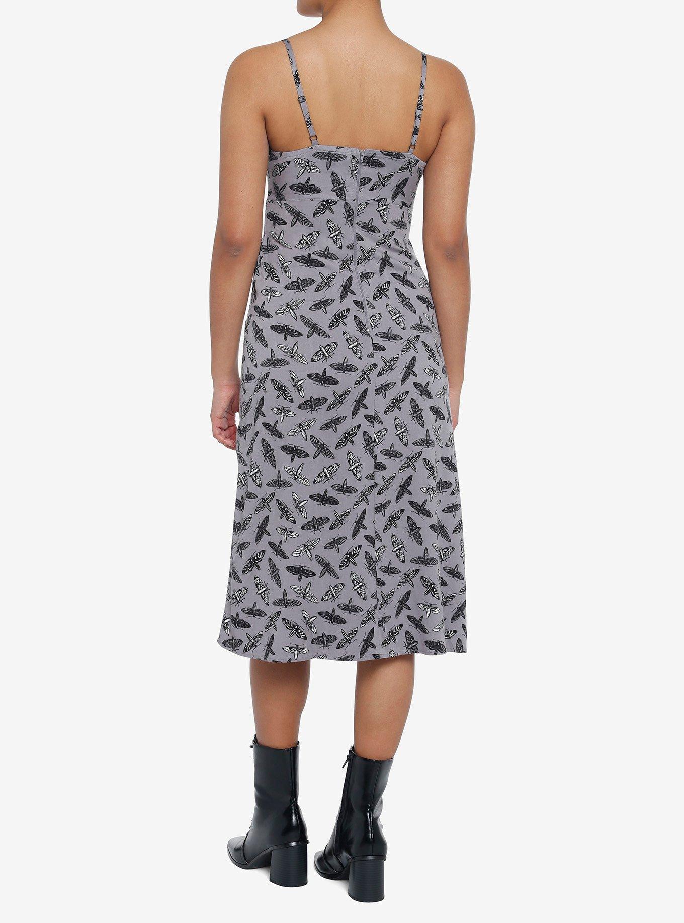 Moths Allover Print Midi Dress, GREY, alternate