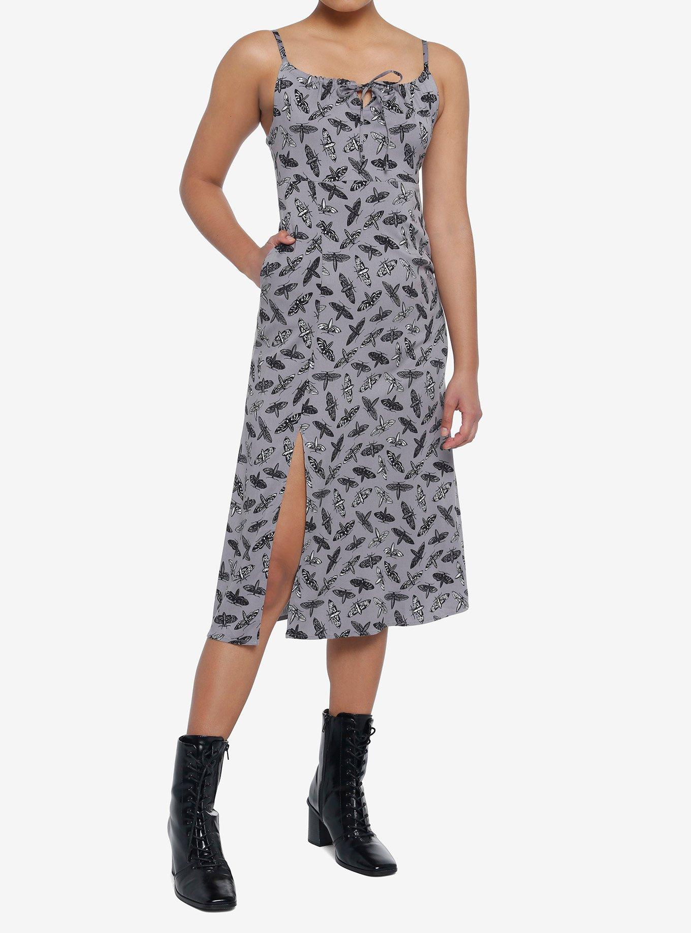 Moths Allover Print Midi Dress, GREY, alternate