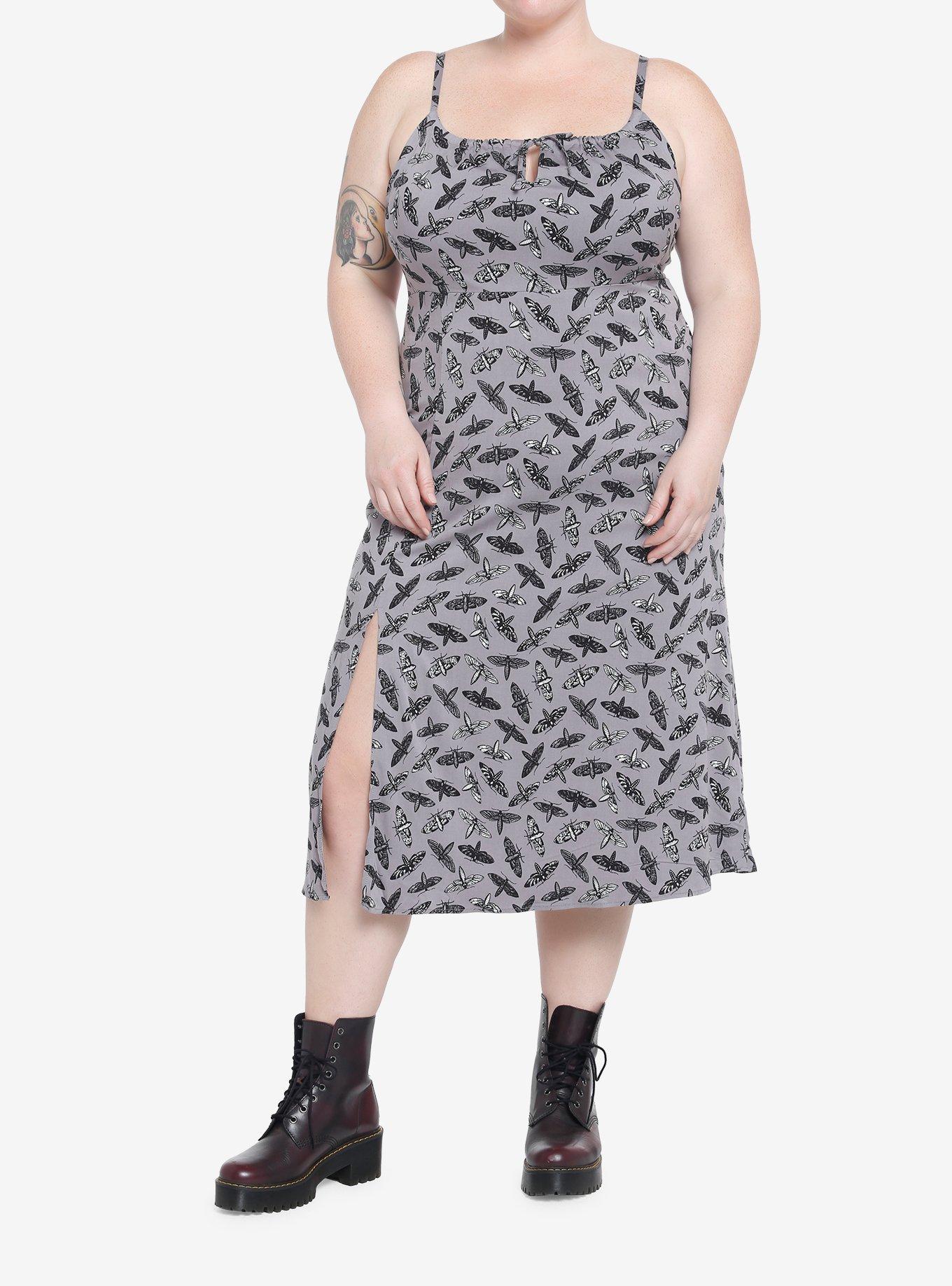 Moths Allover Print Midi Dress Plus Size, GREY, alternate