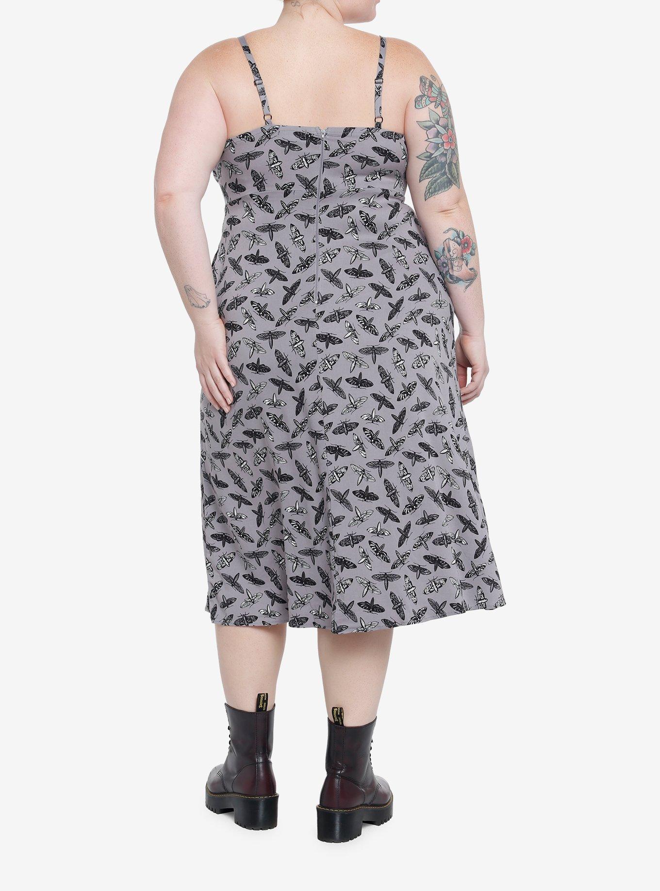 Moths Allover Print Midi Dress Plus Size, GREY, alternate