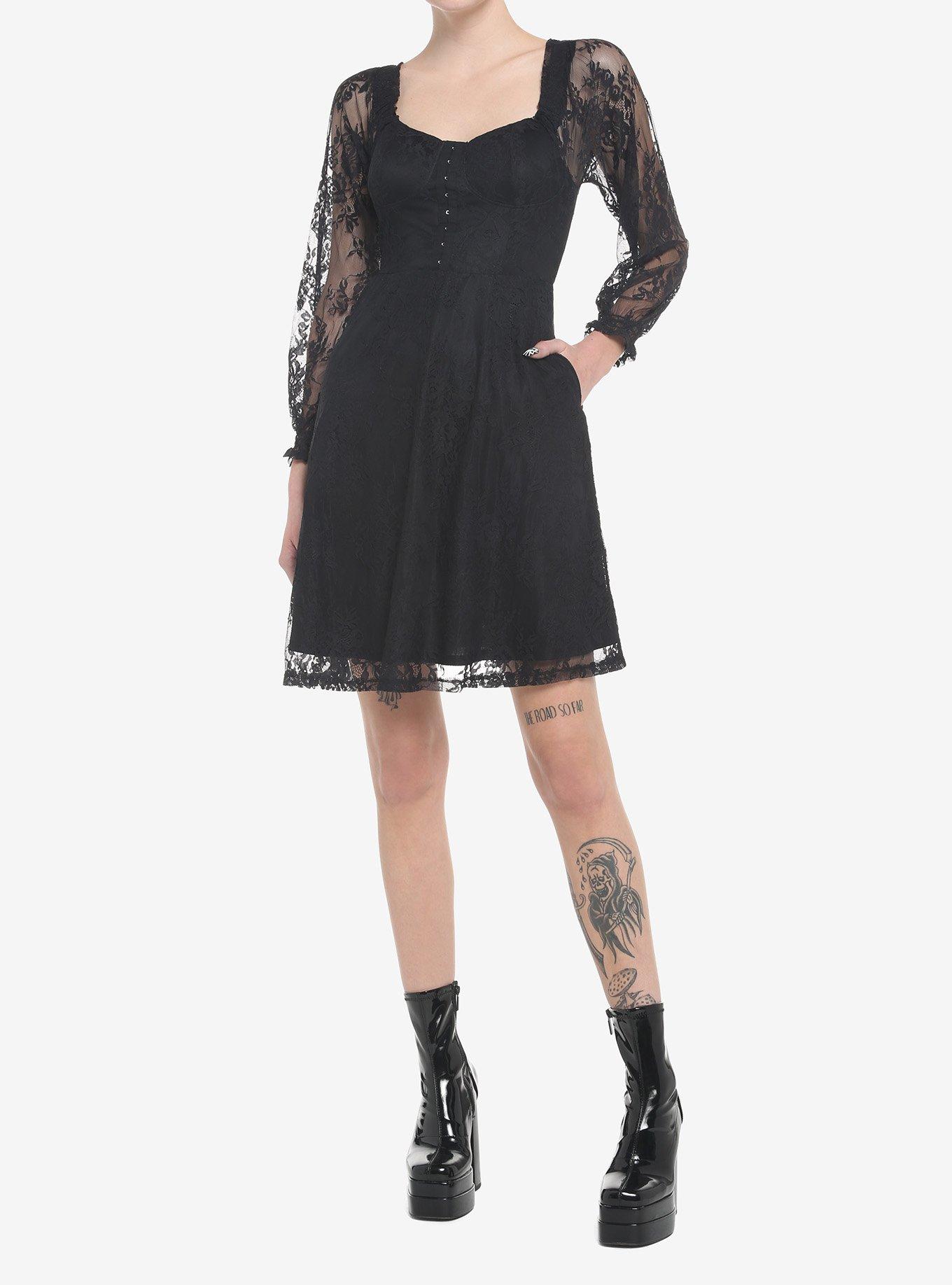 Black Rose Lace Romantic Corset Long-Sleeve Dress, BLACK, alternate