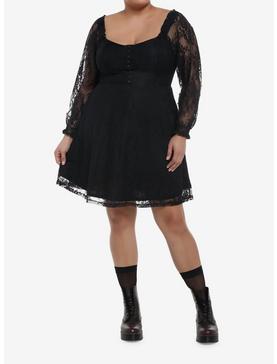 Black Rose Lace Romantic Corset Long-Sleeve Dress Plus Size, , hi-res