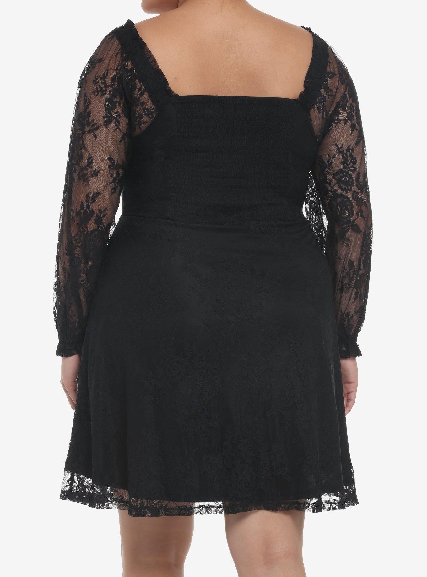 Black Rose Lace Romantic Corset Long-Sleeve Dress Plus Size, BLACK, alternate