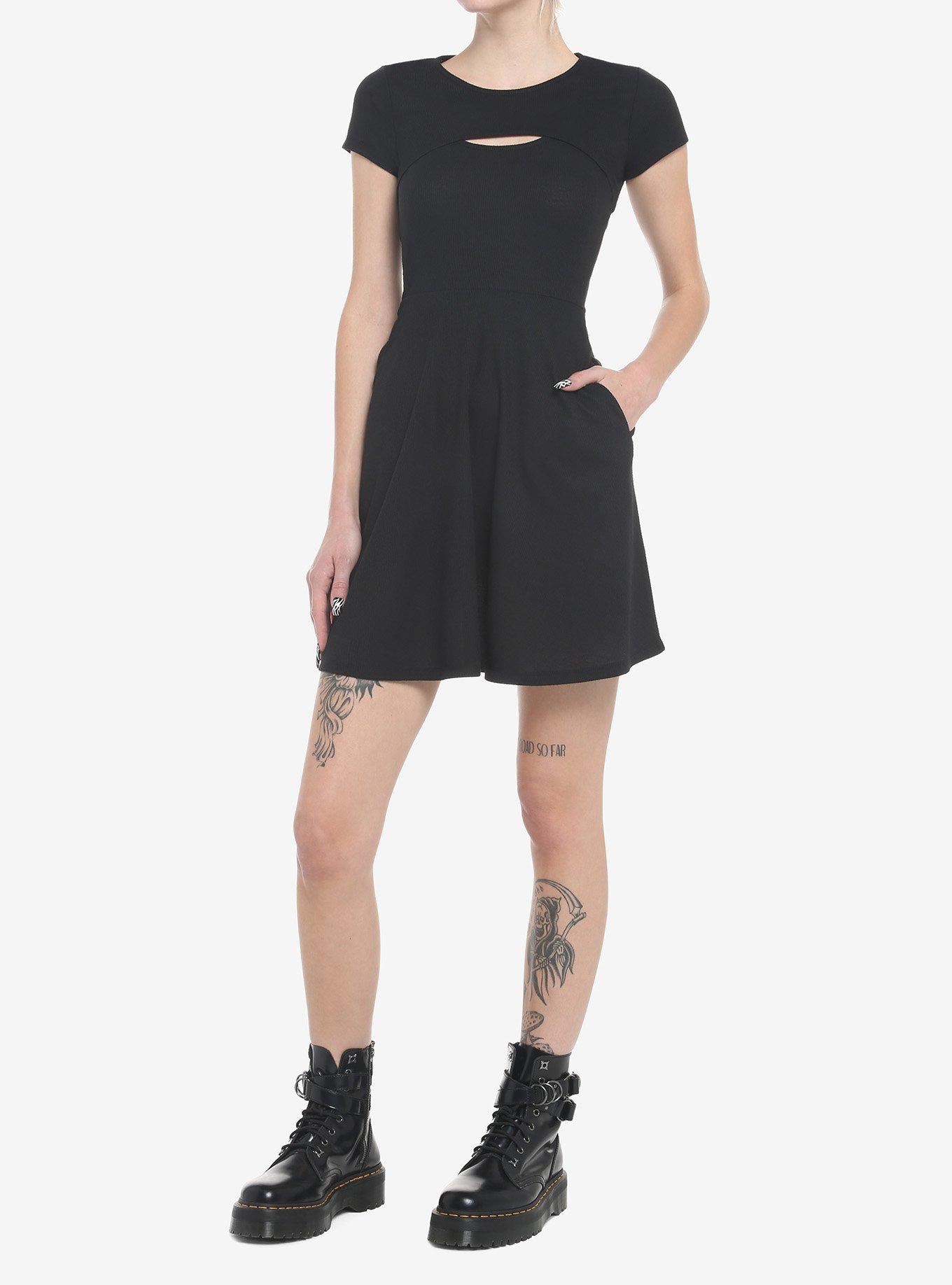 Black Cutout Twofer Skater Dress, BLACK, alternate