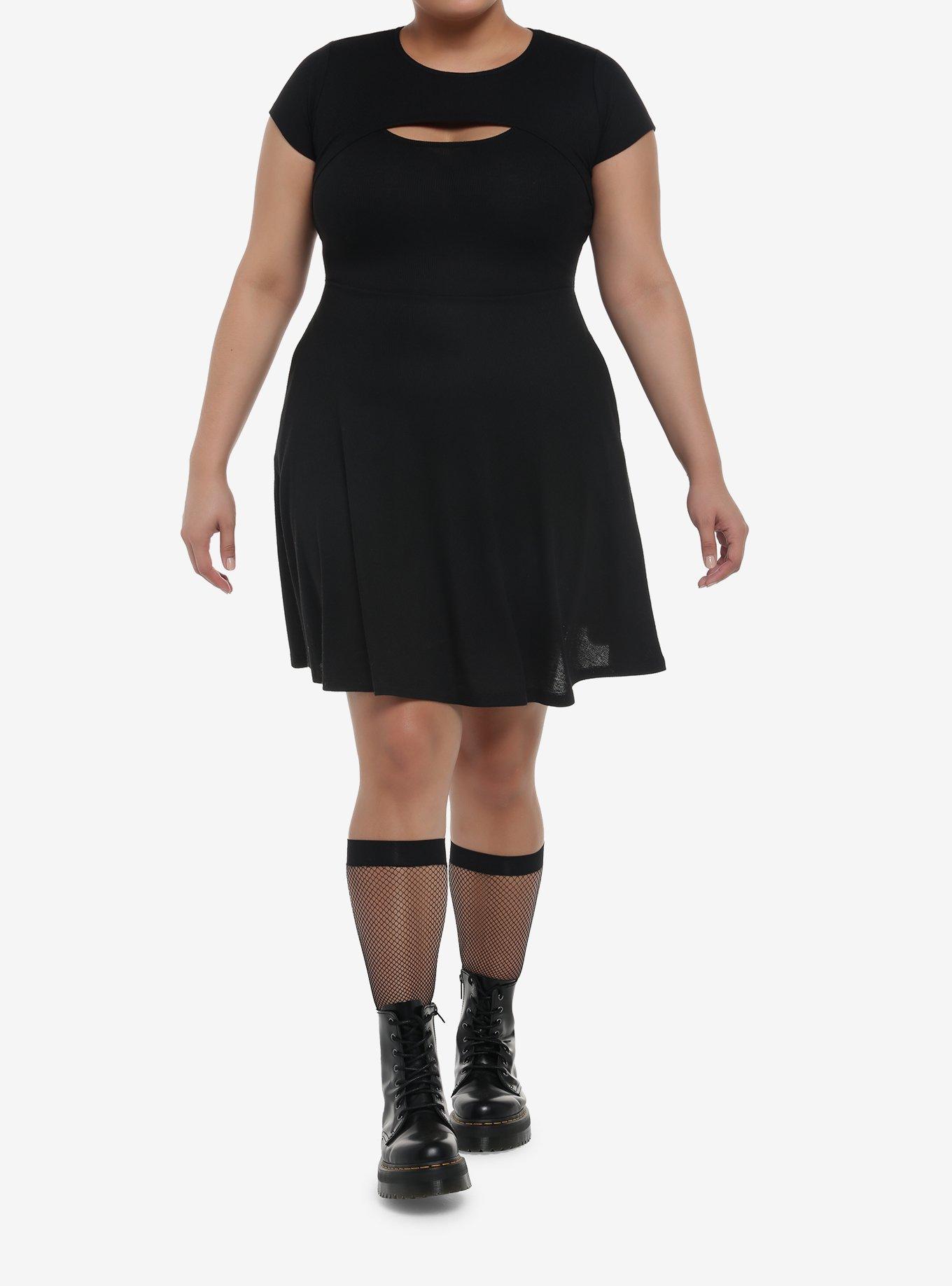 Black Cutout Twofer Skater Dress Plus Size, BLACK, alternate