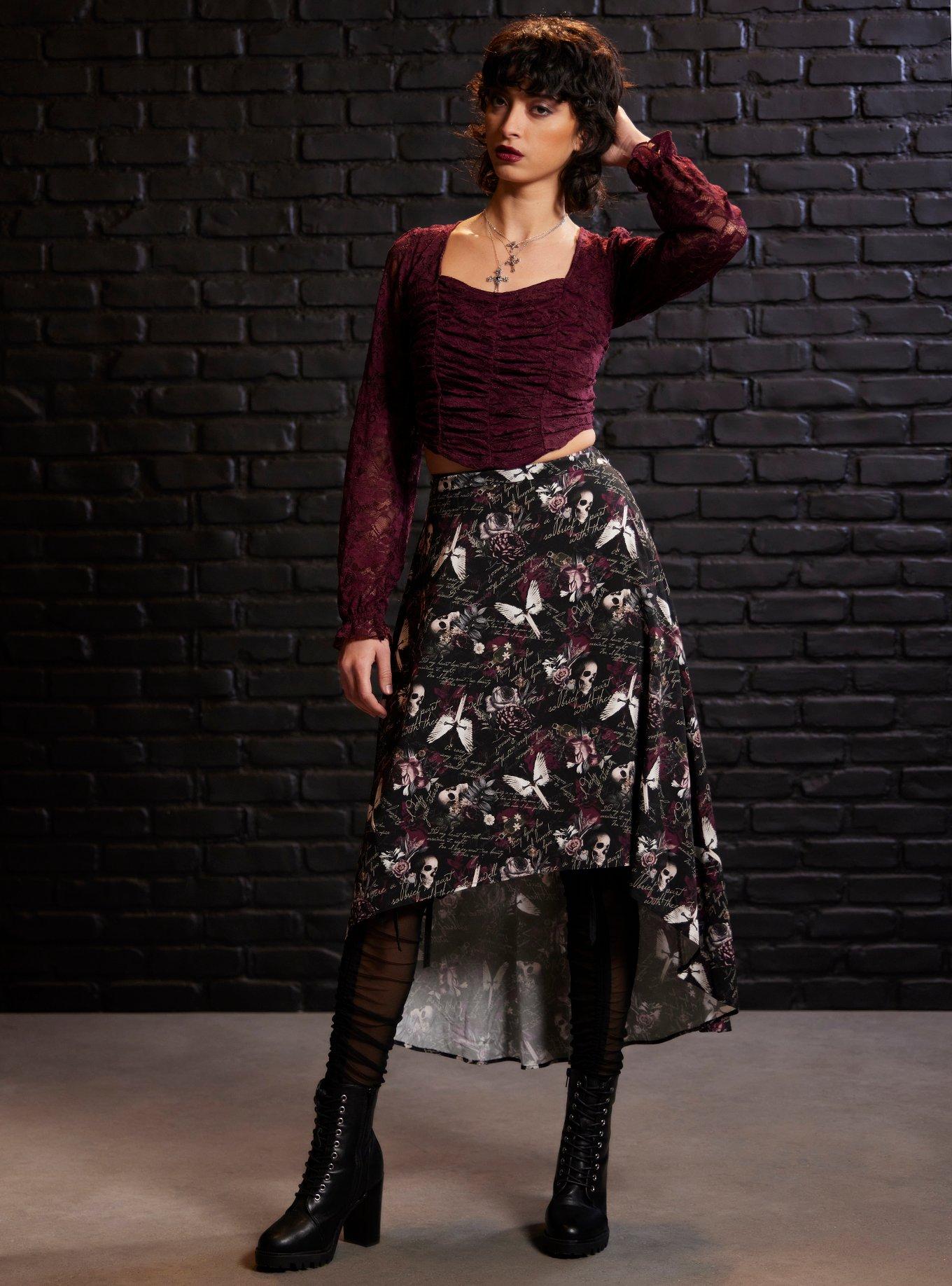 Maroon Lace Poet Long-Sleeve Crop Top, MULTI, alternate