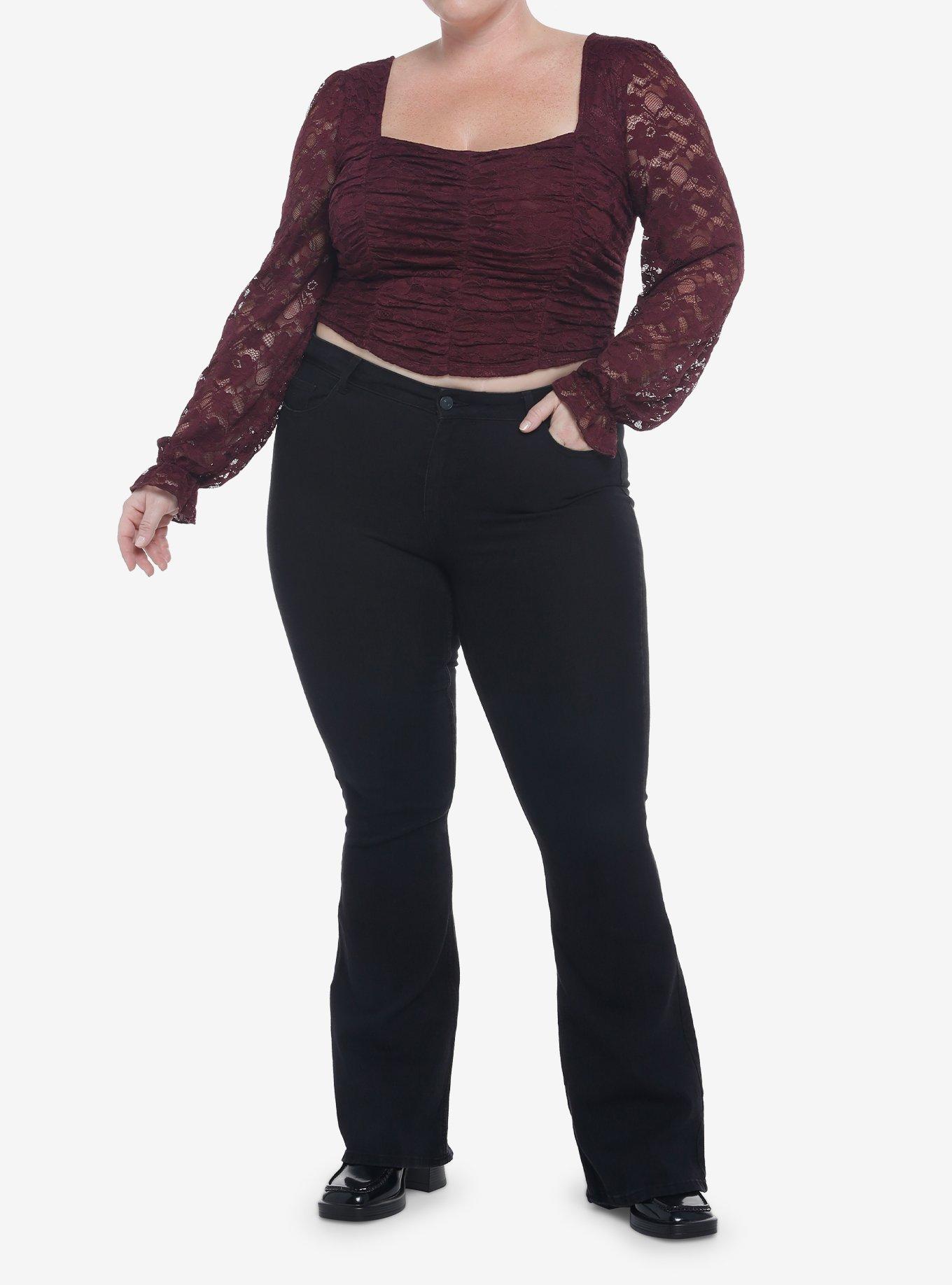 Maroon Lace Poet Long-Sleeve Crop Top Plus Size, MULTI, alternate