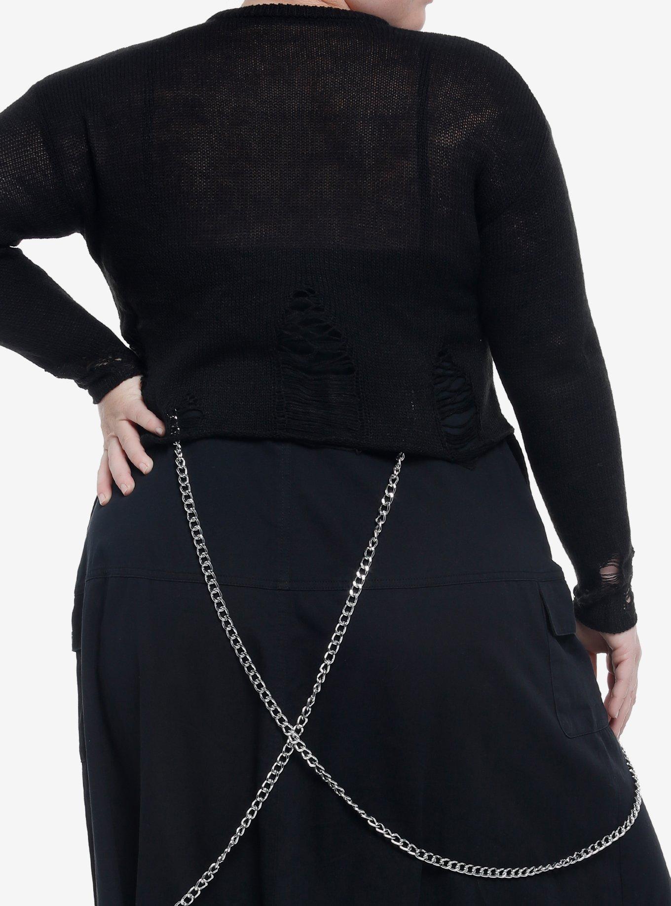 Black Distressed Crop Sweater Plus Size, BLACK, alternate