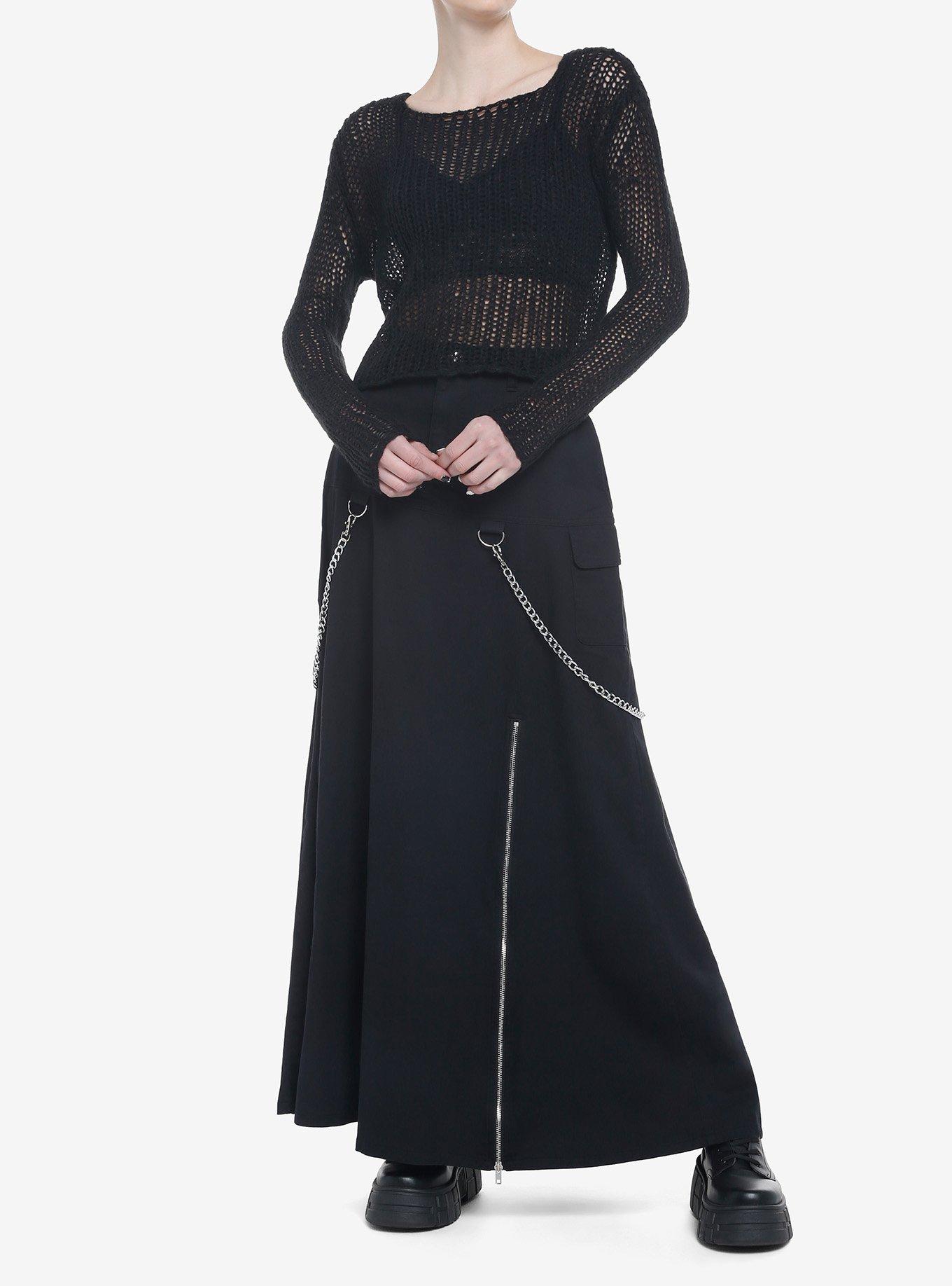 Black Open Knit Crop Sweater, BLACK, alternate