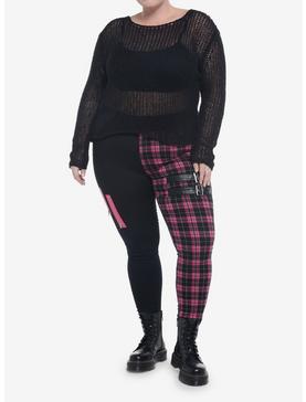 Black Open Knit Crop Sweater Plus Size, , hi-res