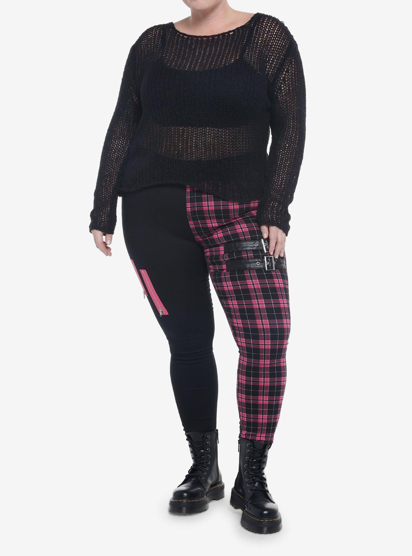 Black Open Knit Crop Sweater Plus Size, BLACK, alternate
