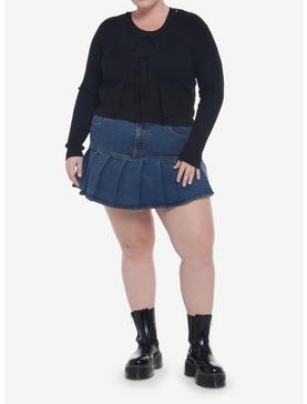 Black Double Tie-Front Girls Crop Cardigan Plus Size, , hi-res