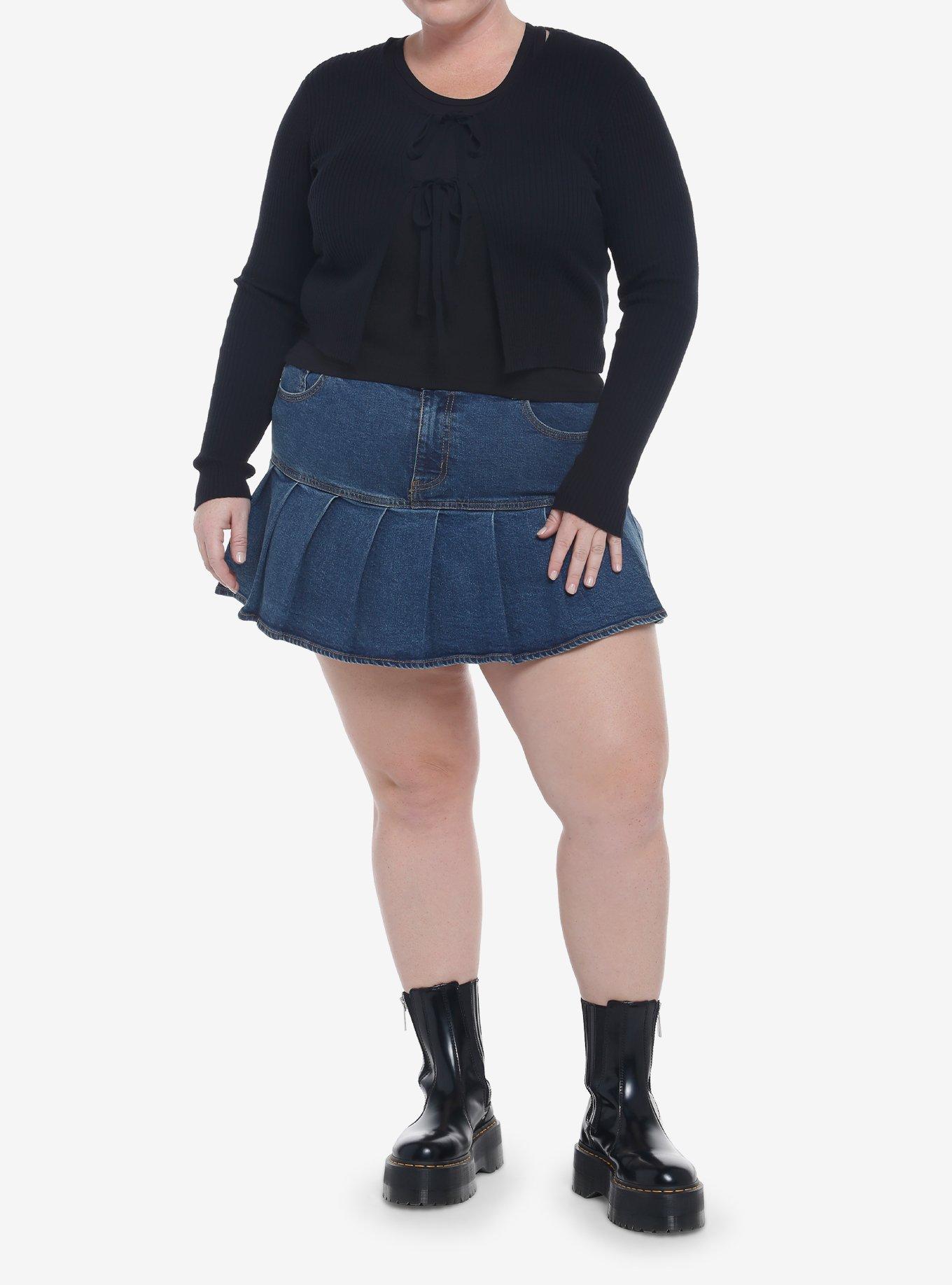 Black Double Tie-Front Crop Cardigan Plus Size, BLACK, alternate