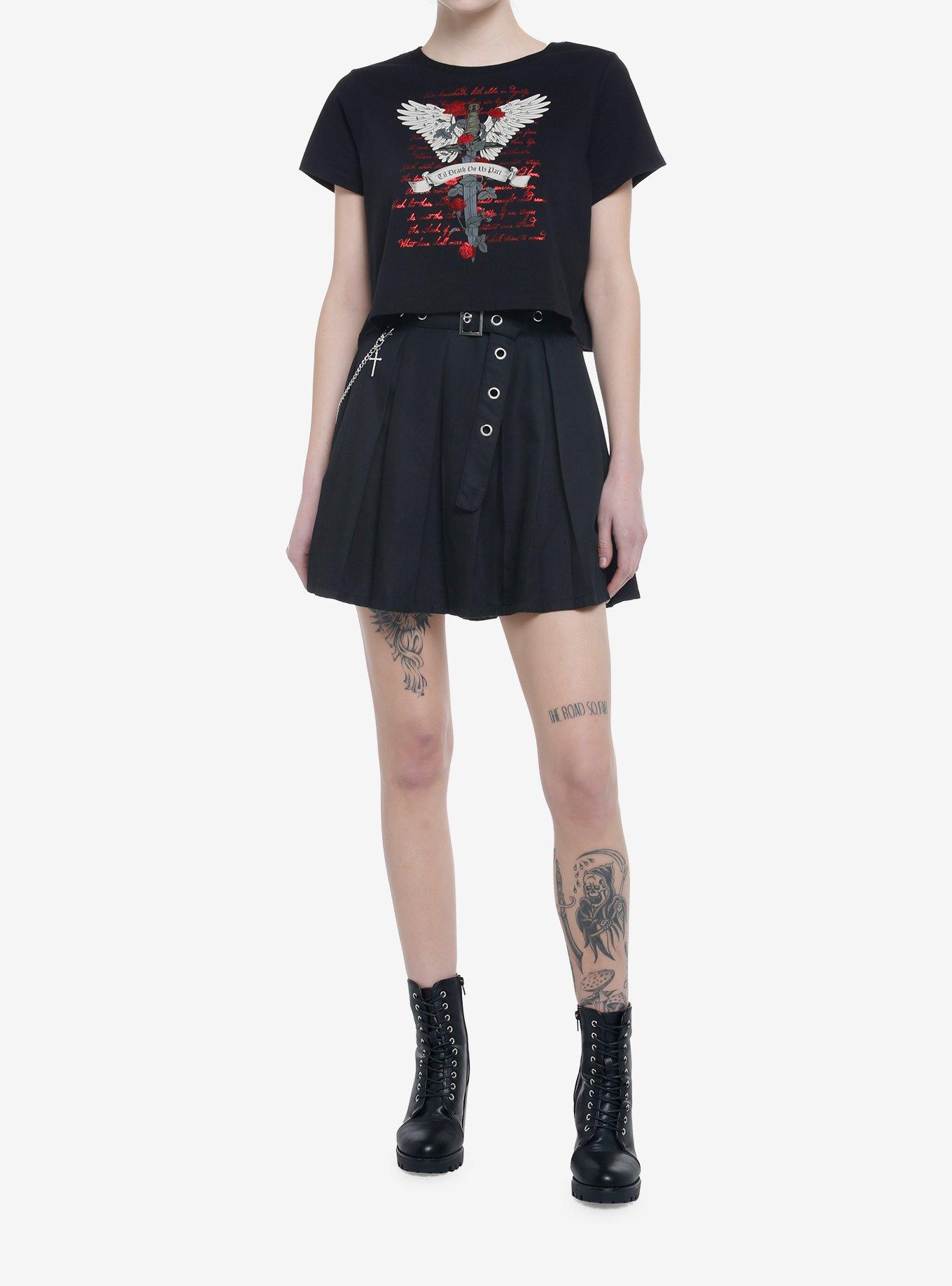 Dark Romance Winged Dagger Boxy Girls Crop T-Shirt, BLACK, alternate