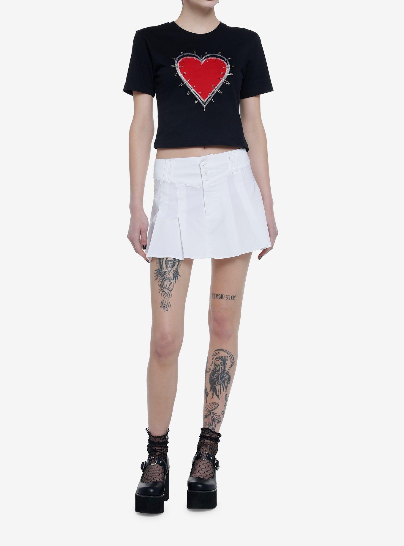 Red Heart & Safety Pins Crop Girls T-Shirt, BLACK, alternate