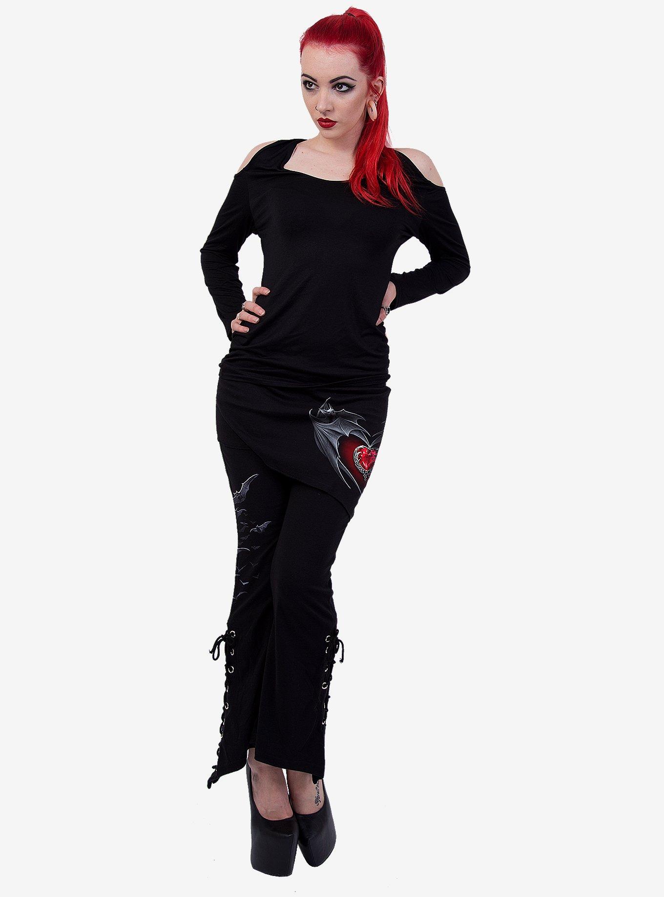 Bat's Heart Boot Cut Leggings With Slant Skirt, BLACK, alternate