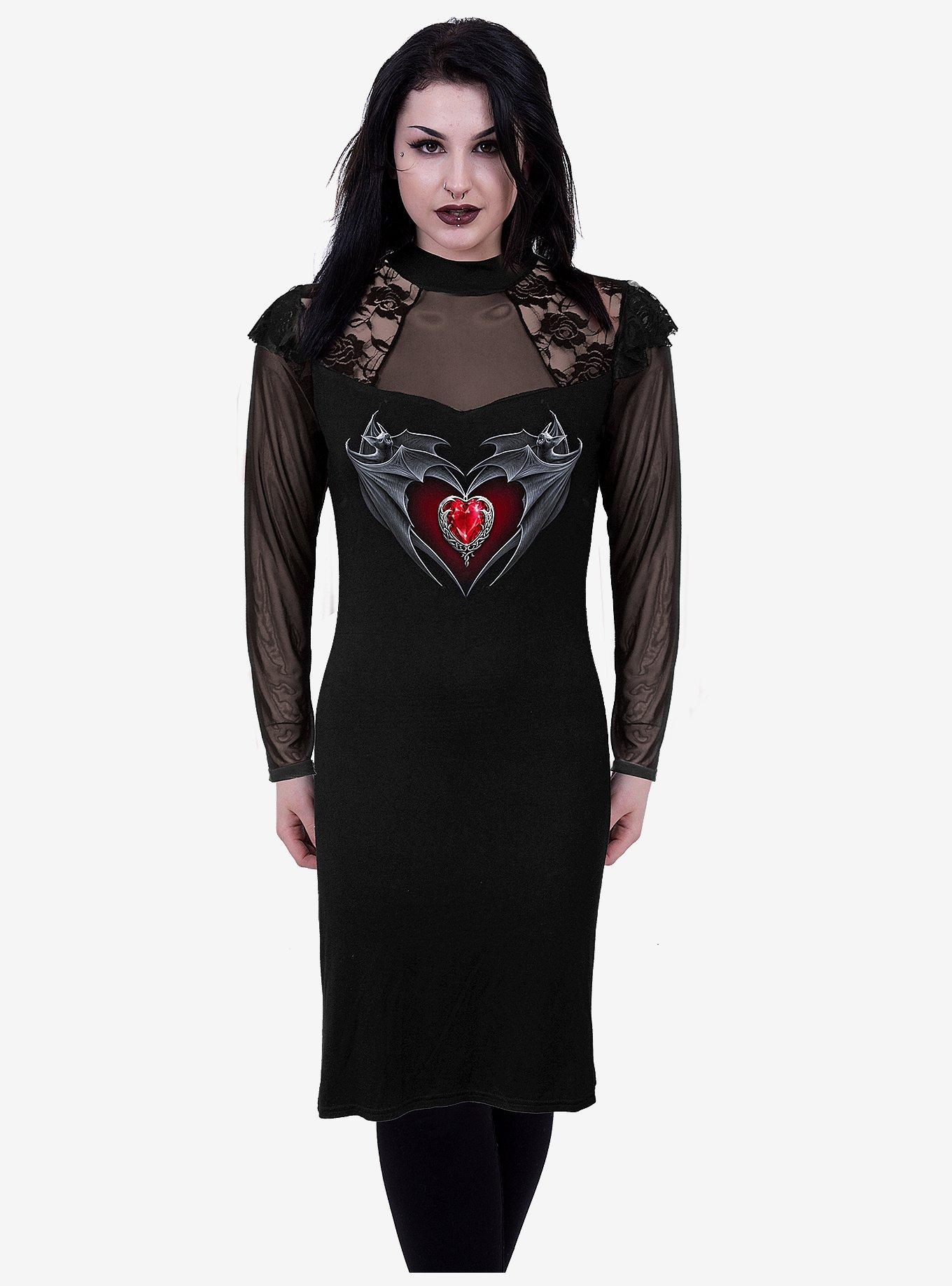 Bat's Heart Lace Shoulder Corset Dress, BLACK, alternate