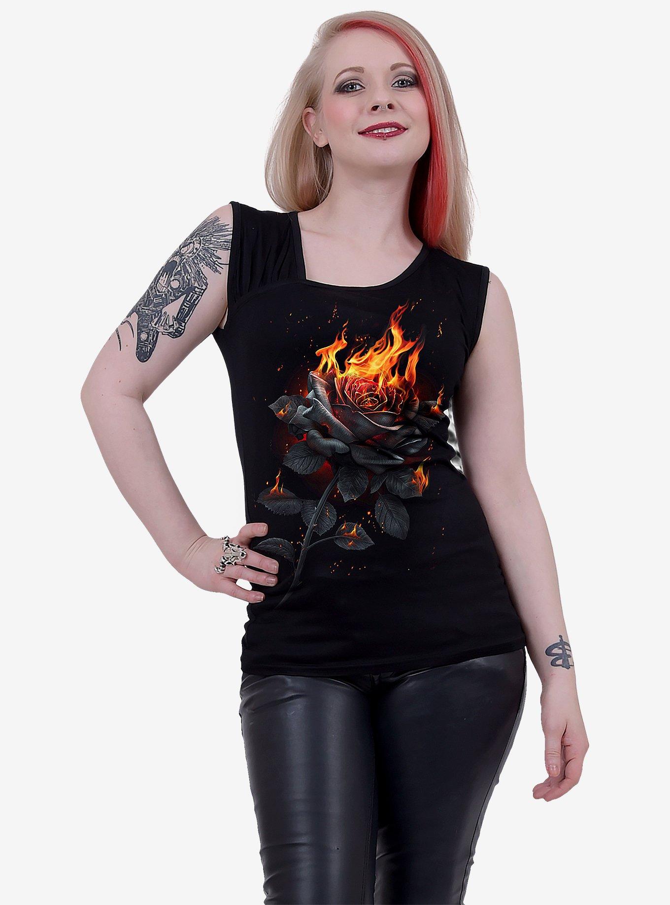 Flaming Rose Gathered Shoulder Slant Black Top, , hi-res