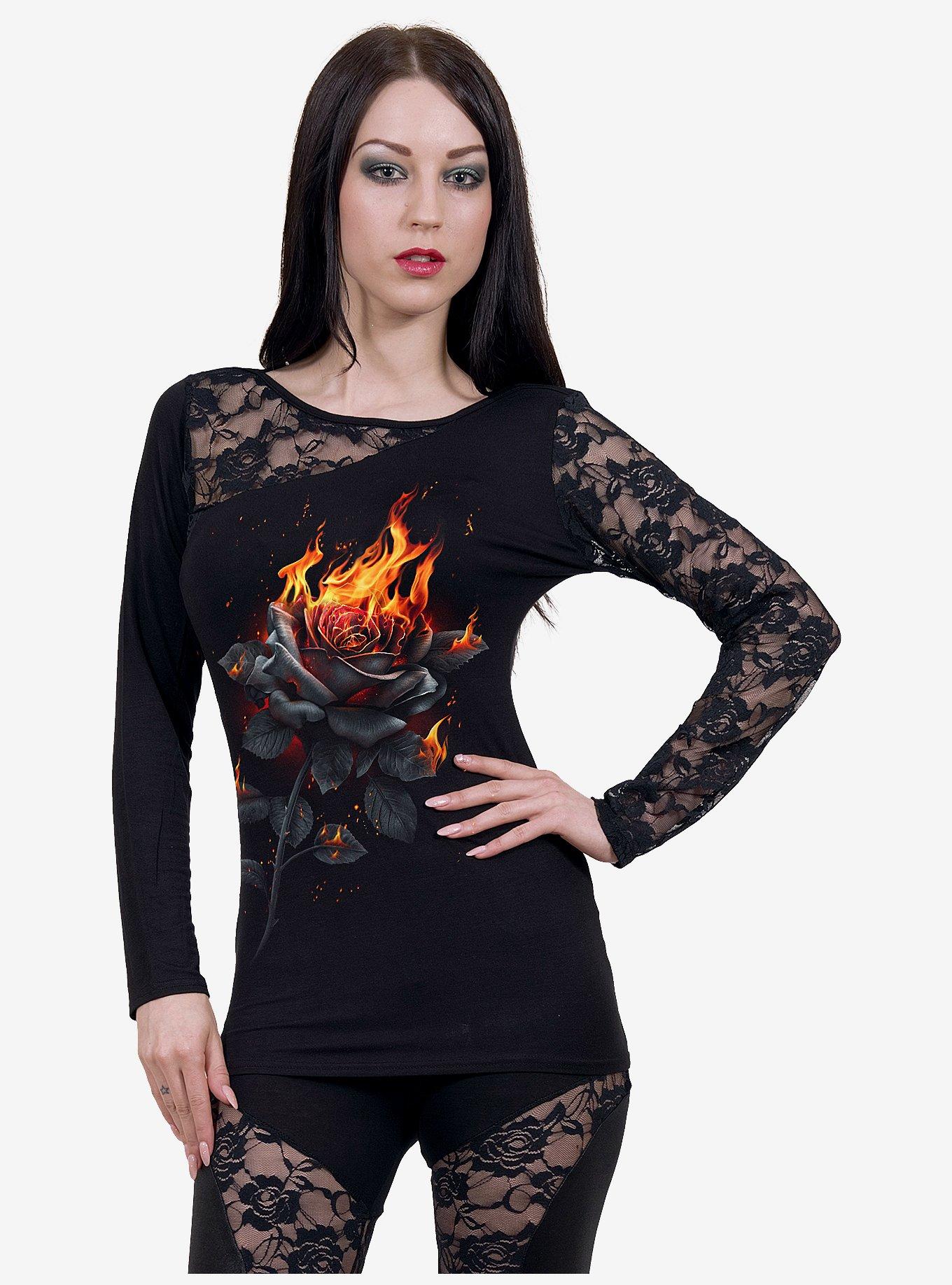 Flaming Rose Lace One Shoulder Black Top, BLACK, alternate