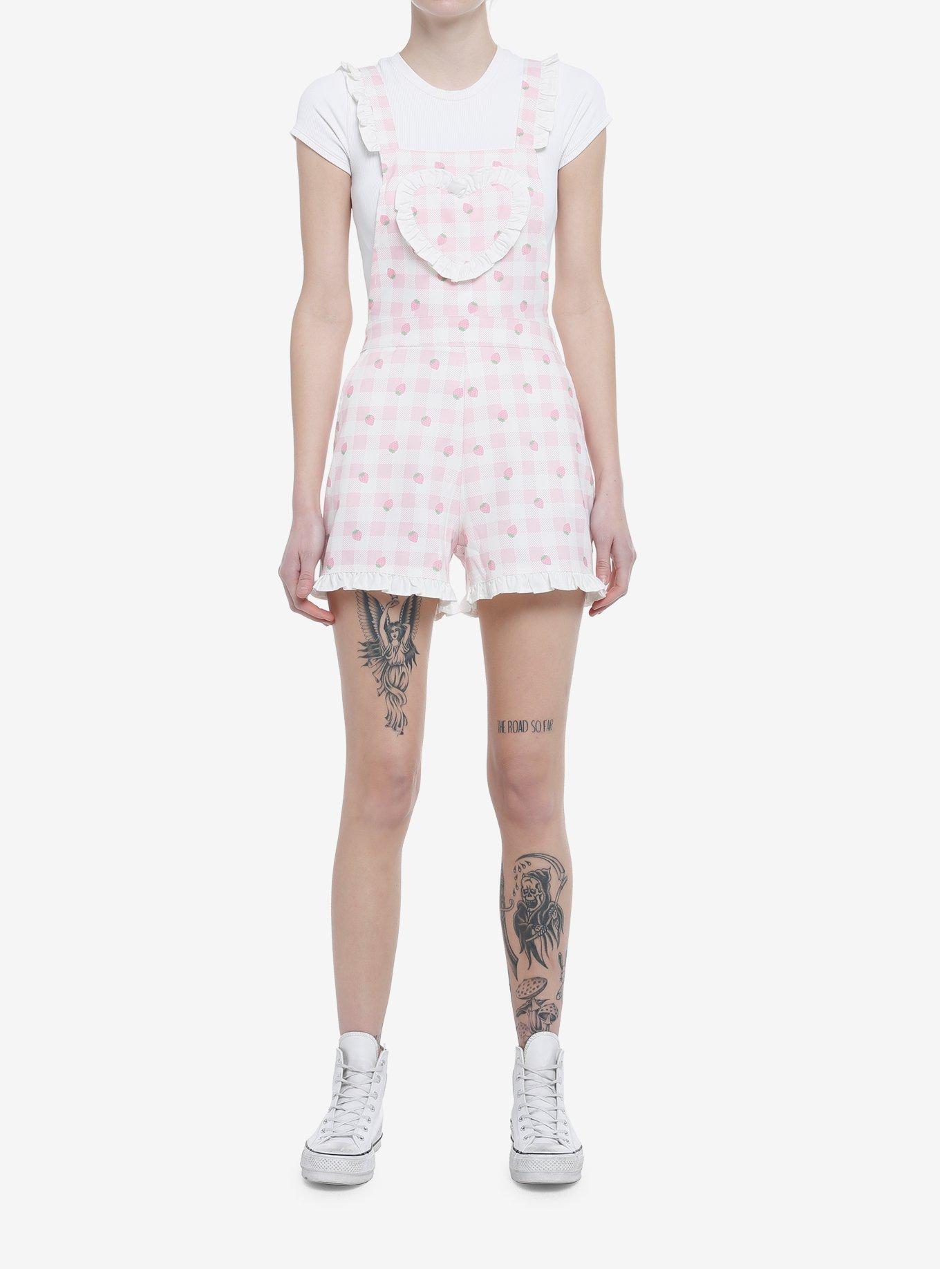 Pink Strawberry Gingham Heart Bib Girls Shortalls, PINK, alternate