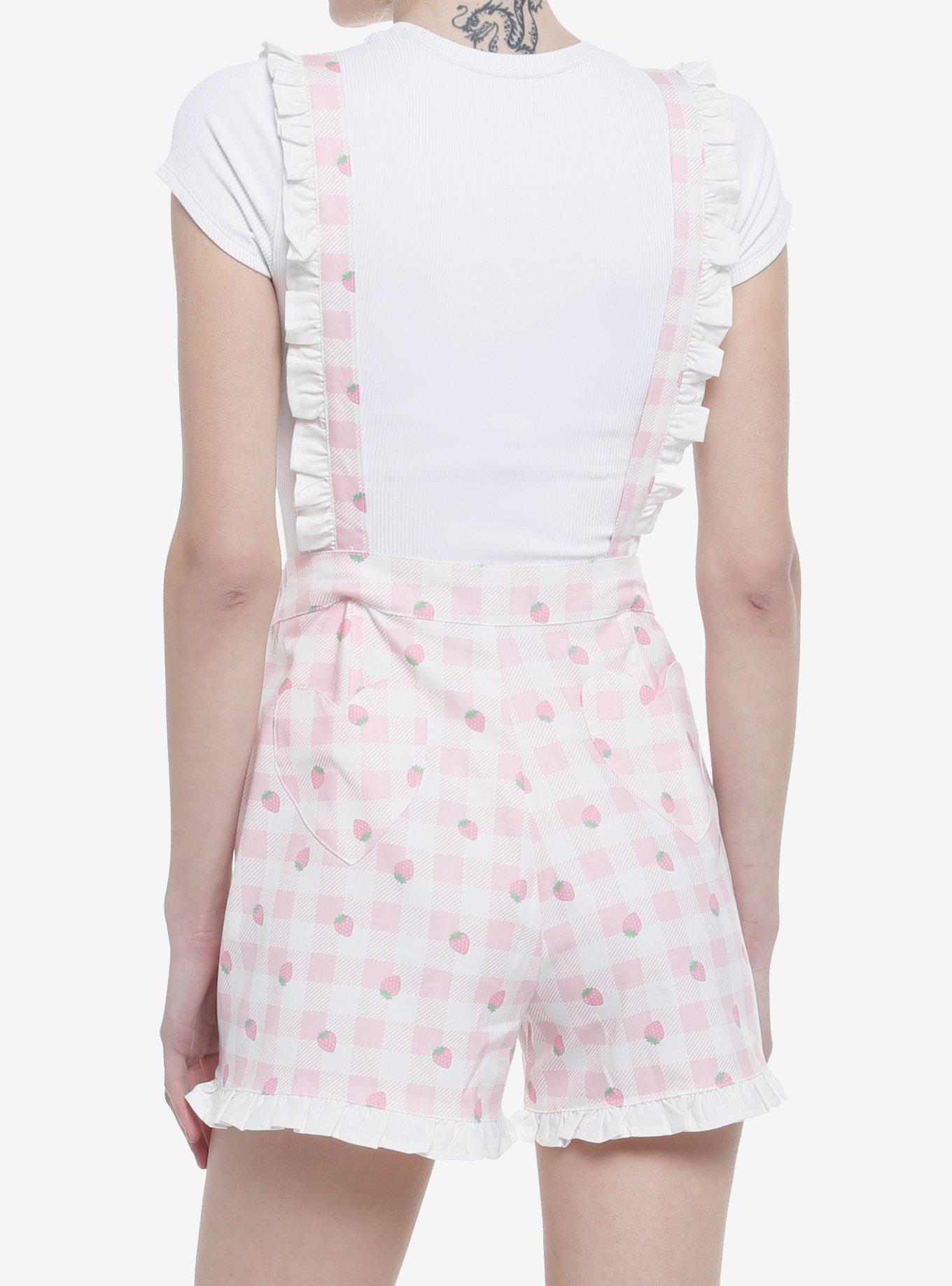 Pink Strawberry Gingham Heart Bib Girls Shortalls, PINK, alternate