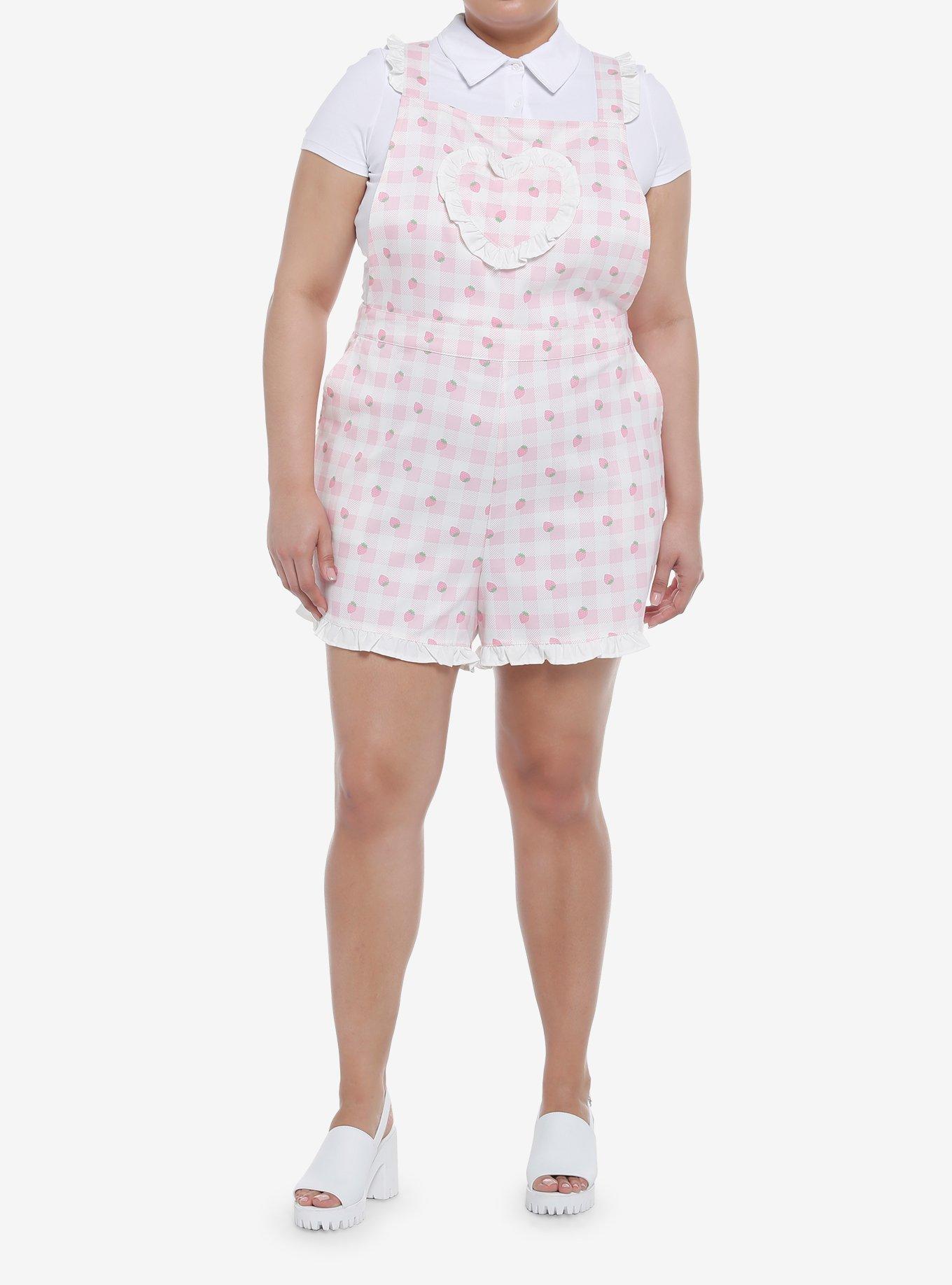 Pink Strawberry Gingham Heart Bib Girls Shortalls Plus Size, PINK, alternate