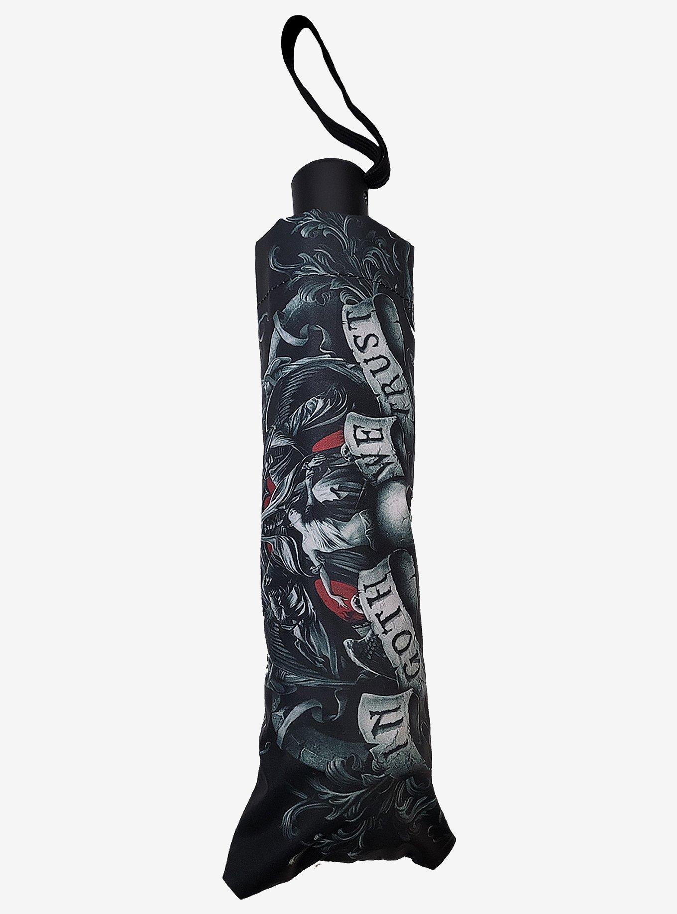 In Goth We Trust Compact Travel Umbrella, , hi-res