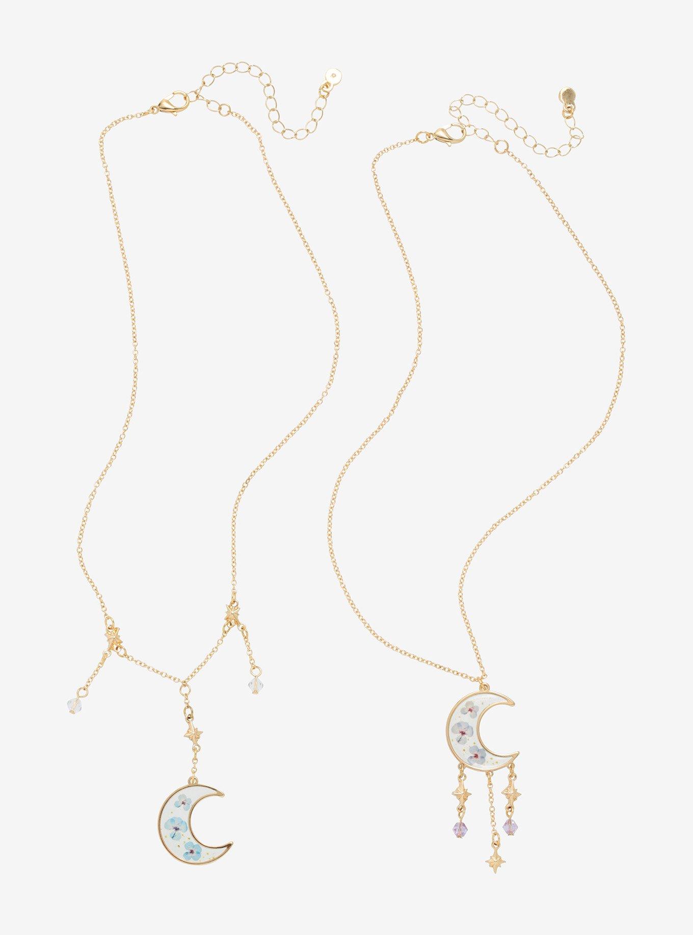 Crescent Moon Dried Floral Celestial Best Friend Necklace Set, , alternate