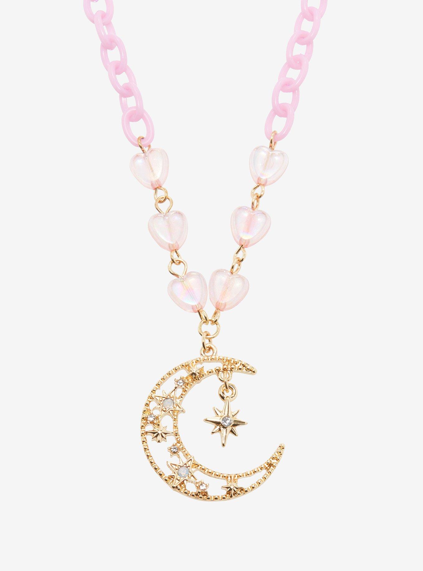Moon Star Heart Bead Pink Chain Necklace, , alternate