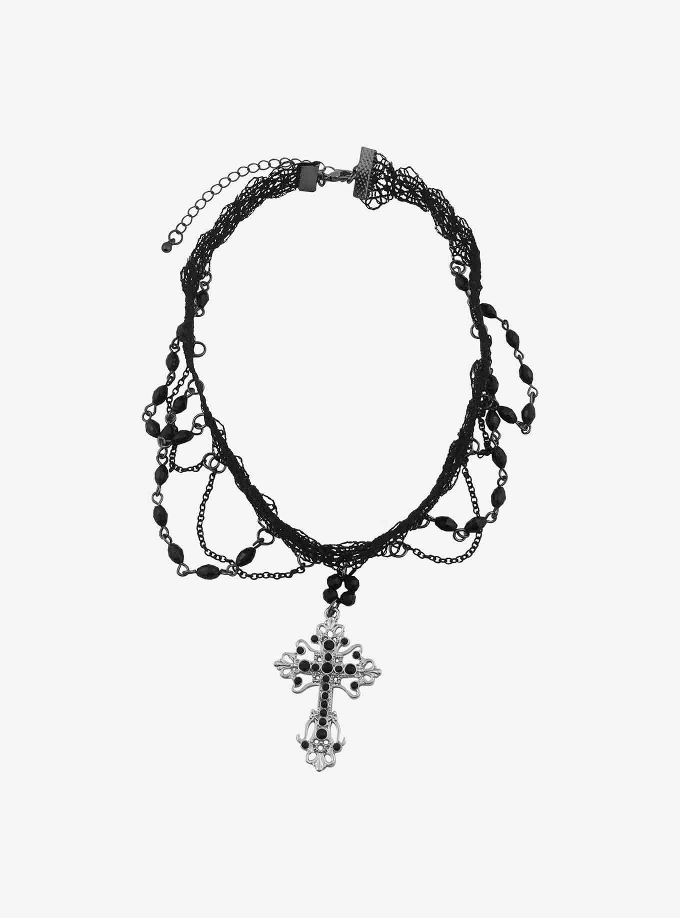 Black Gothic Ornate Cross Lace Choker, , alternate
