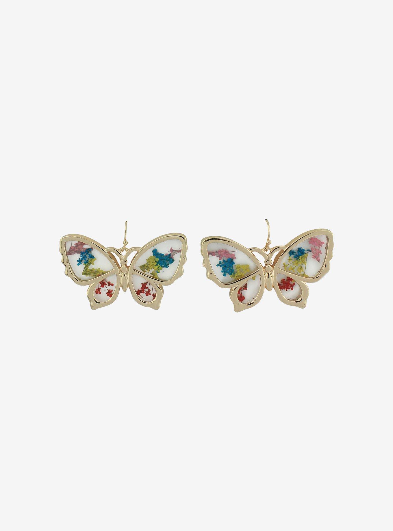 Dried Floral Butterfly Drop Earrings, , alternate