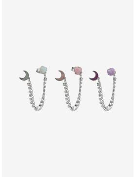 Crescent Moon Opal Heart Chain Cuff Earring Set, , hi-res