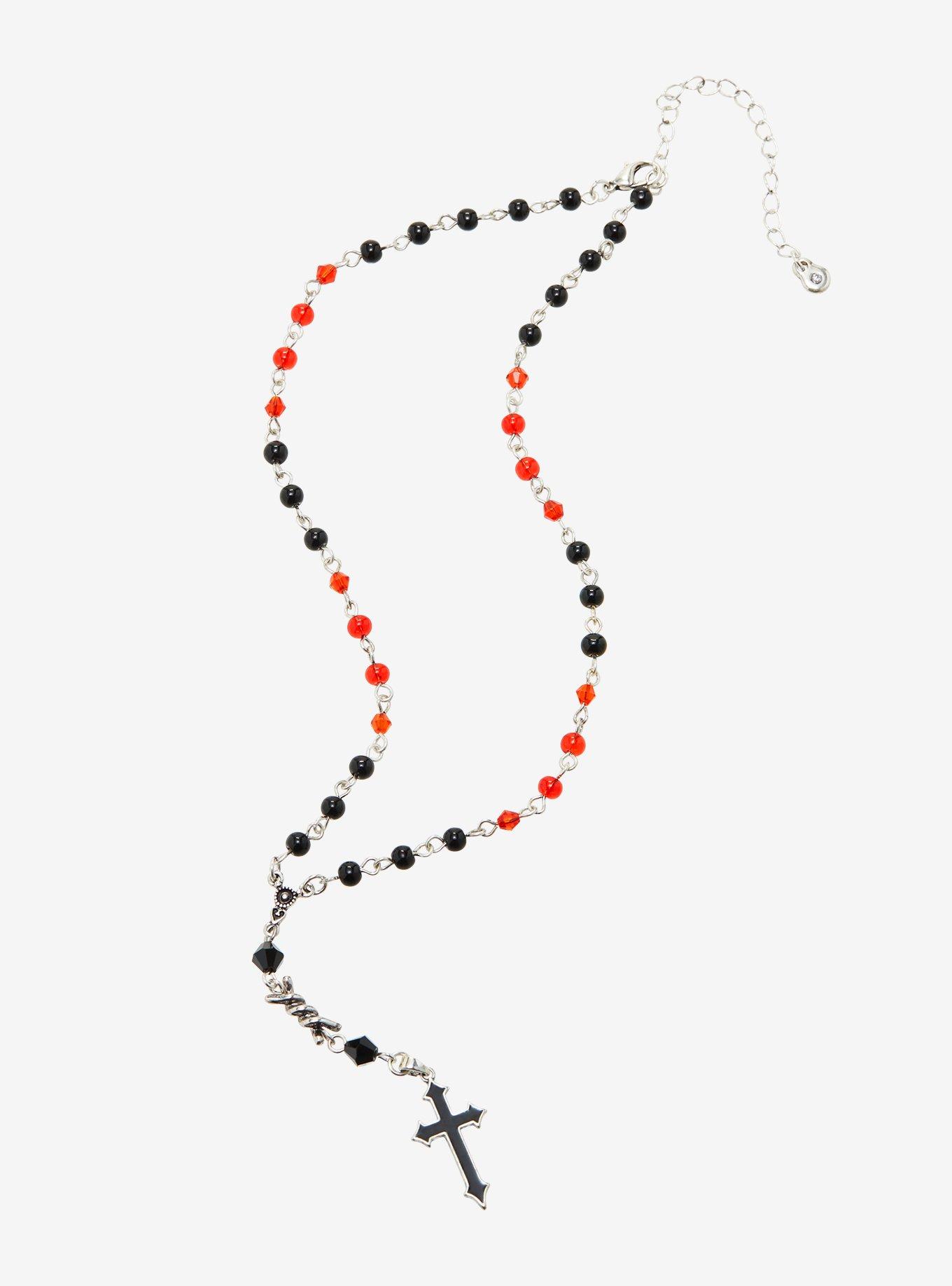 Red & Black Bead Cross Rosary Necklace, , alternate
