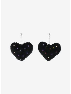 Black Fuzzy Heart Bejeweled Earrings, , hi-res