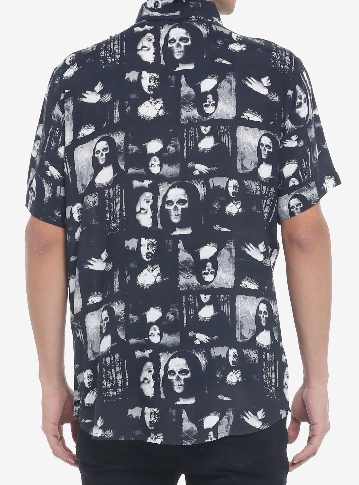 Dark Skeleton Art Portrait Woven Button-Up, BLUE, alternate